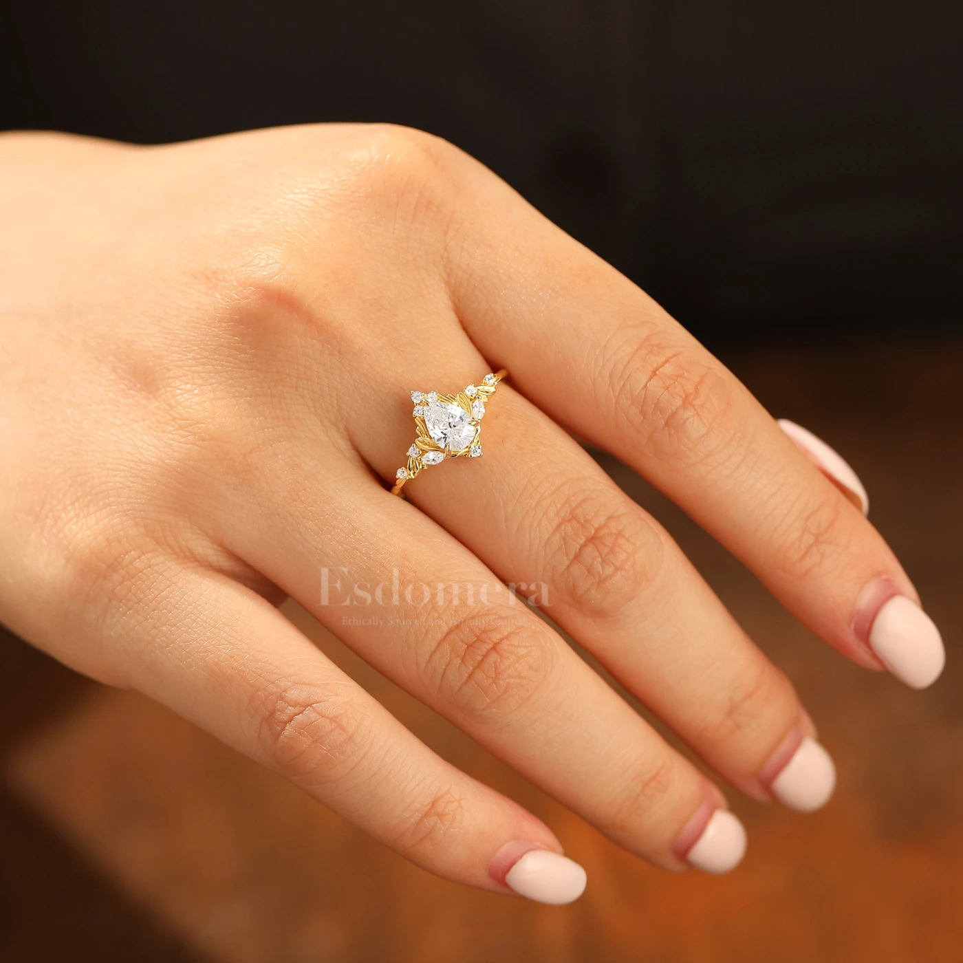 Dainty Pear Cut Moissanite Engagement Ring Solid Yellow Gold Leaf Engraved Women Ring - view 8