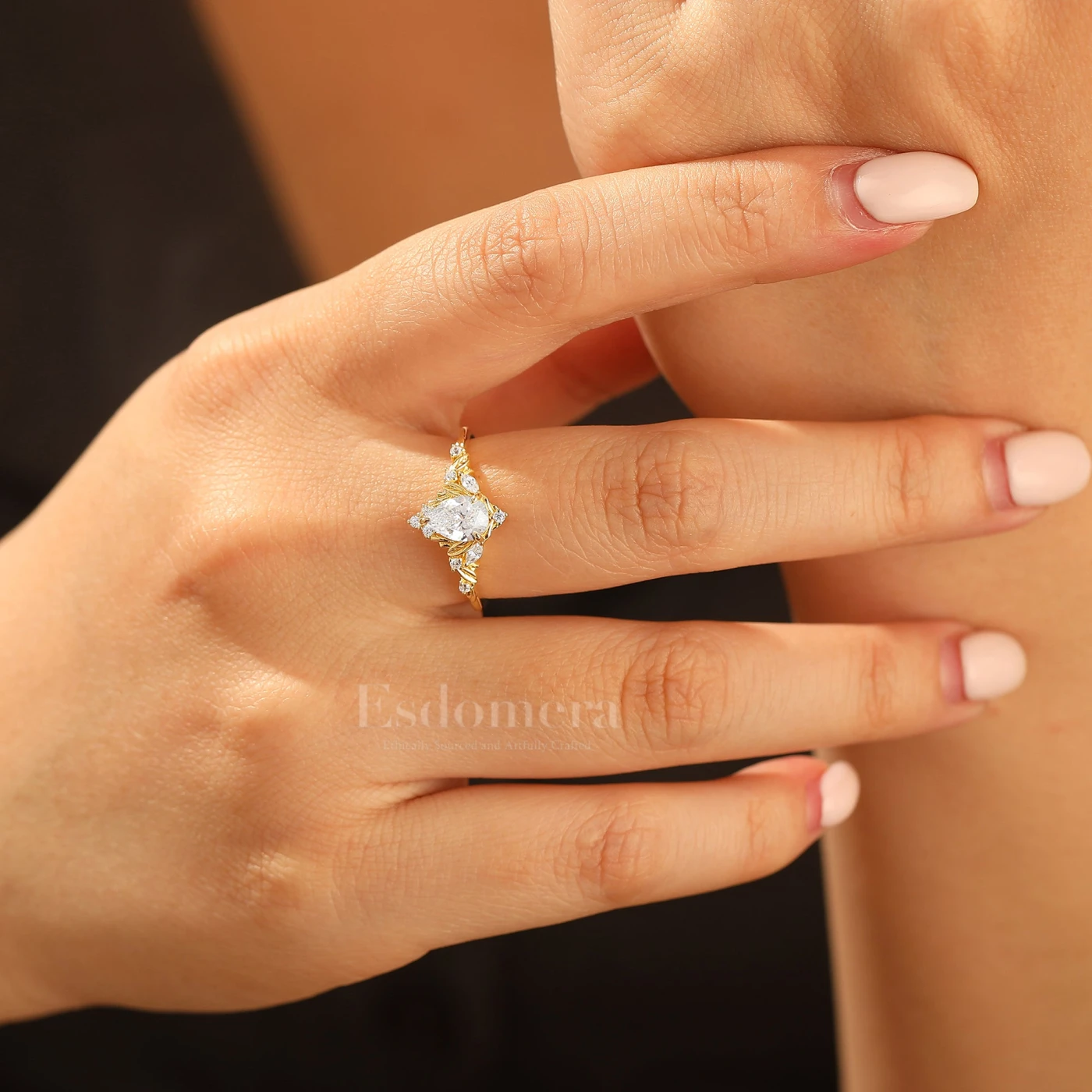 Dainty Pear Cut Moissanite Engagement Ring Solid Yellow Gold Leaf Engraved Women Ring - view 10