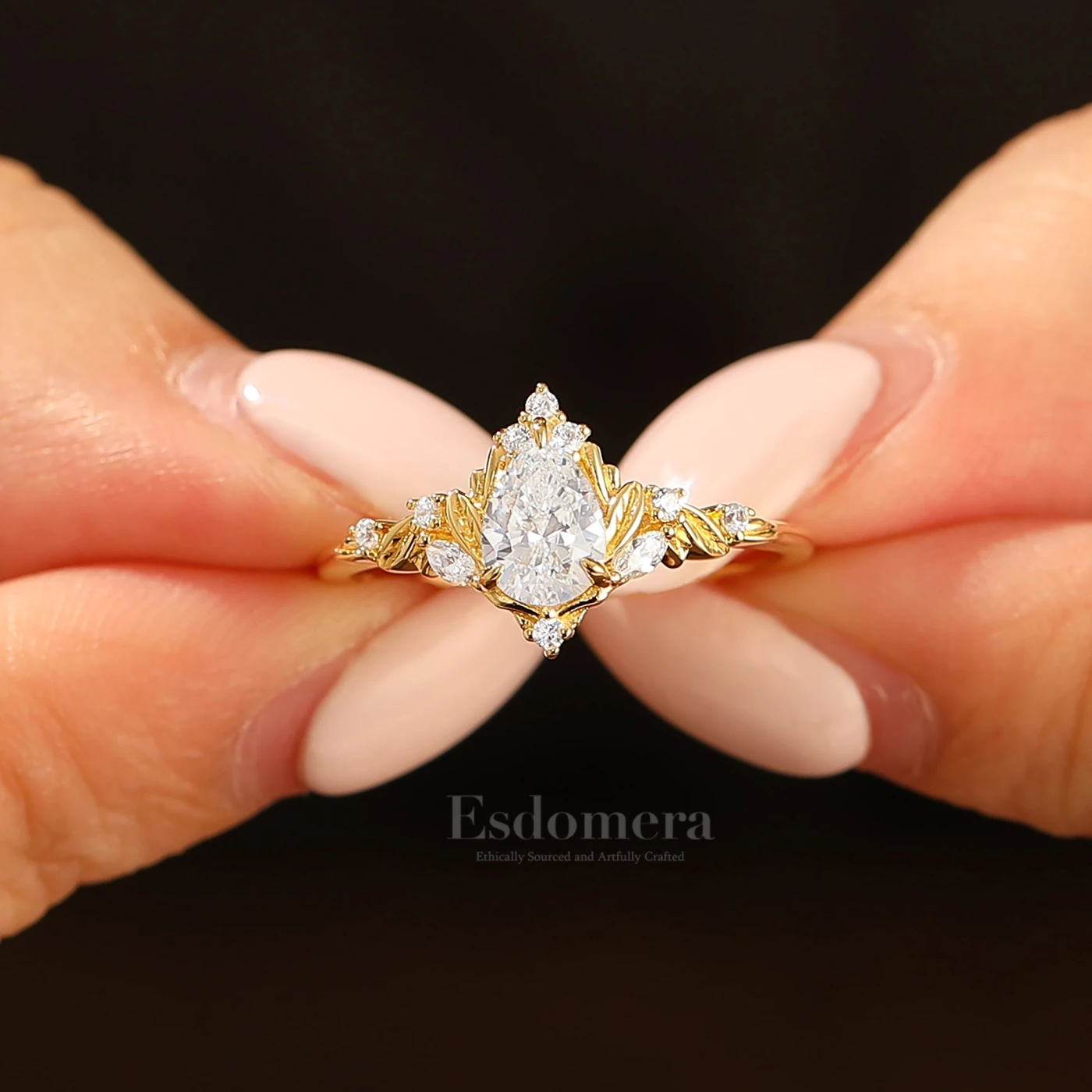Dainty Pear Cut Engagement Ring Solid Yellow Gold Leaf Engraved Women Ring