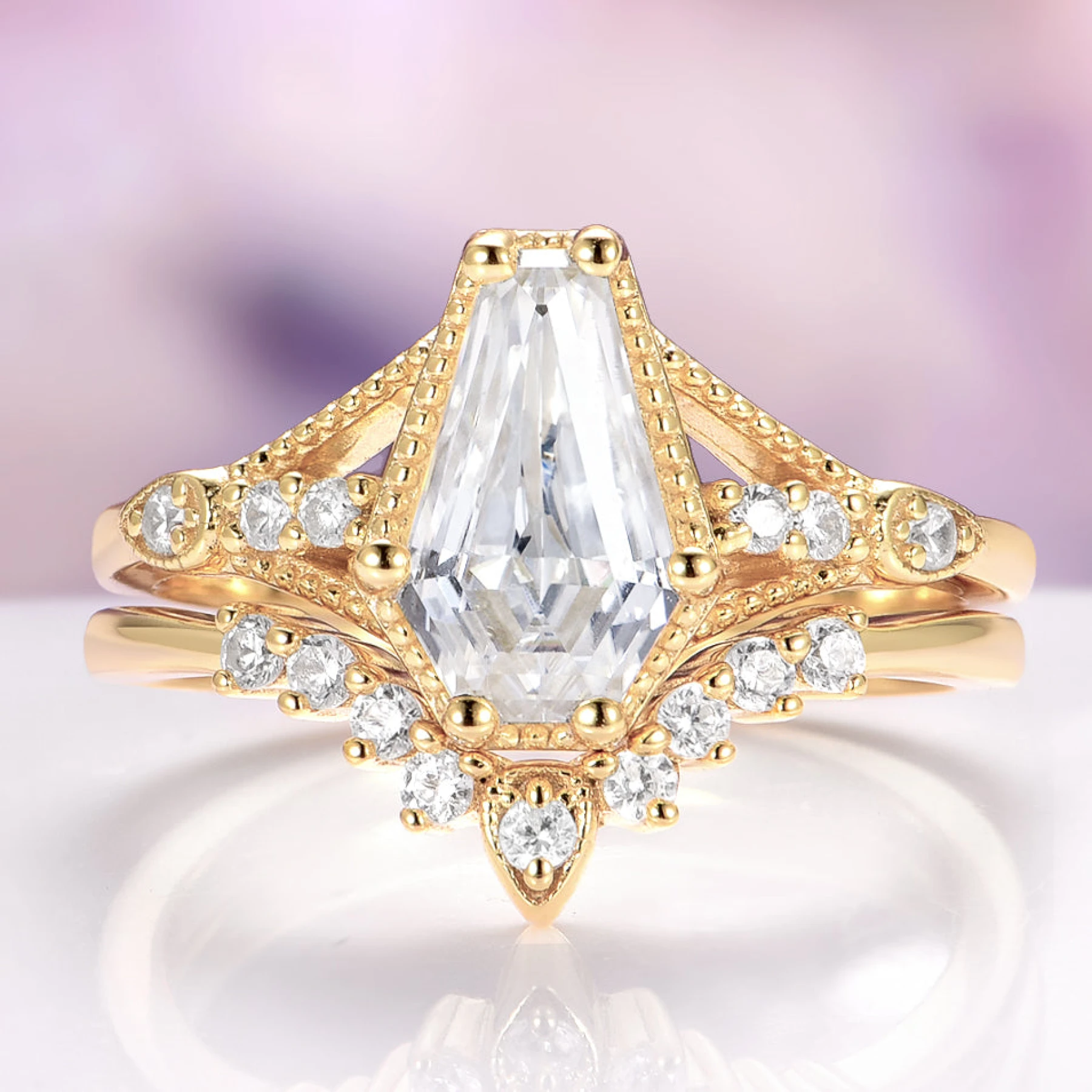 Coffin Cut Lab-Grown Diamond Engagement Ring Set in 14K Solid Yellow Gold (IGI Certified) - view 1