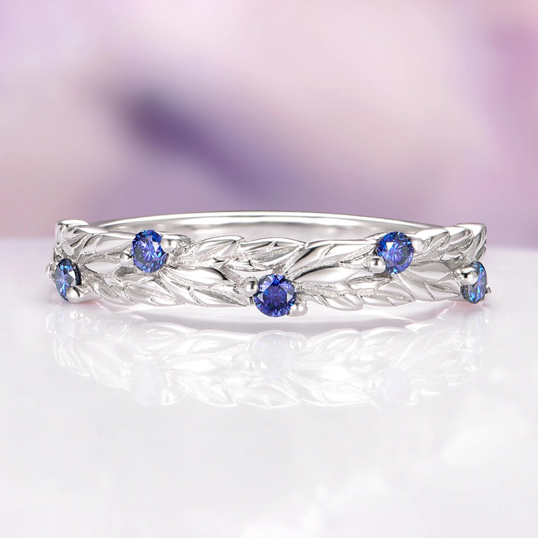 Blue Moissanite Fairy Leaf Band in 14K White Gold - view 1