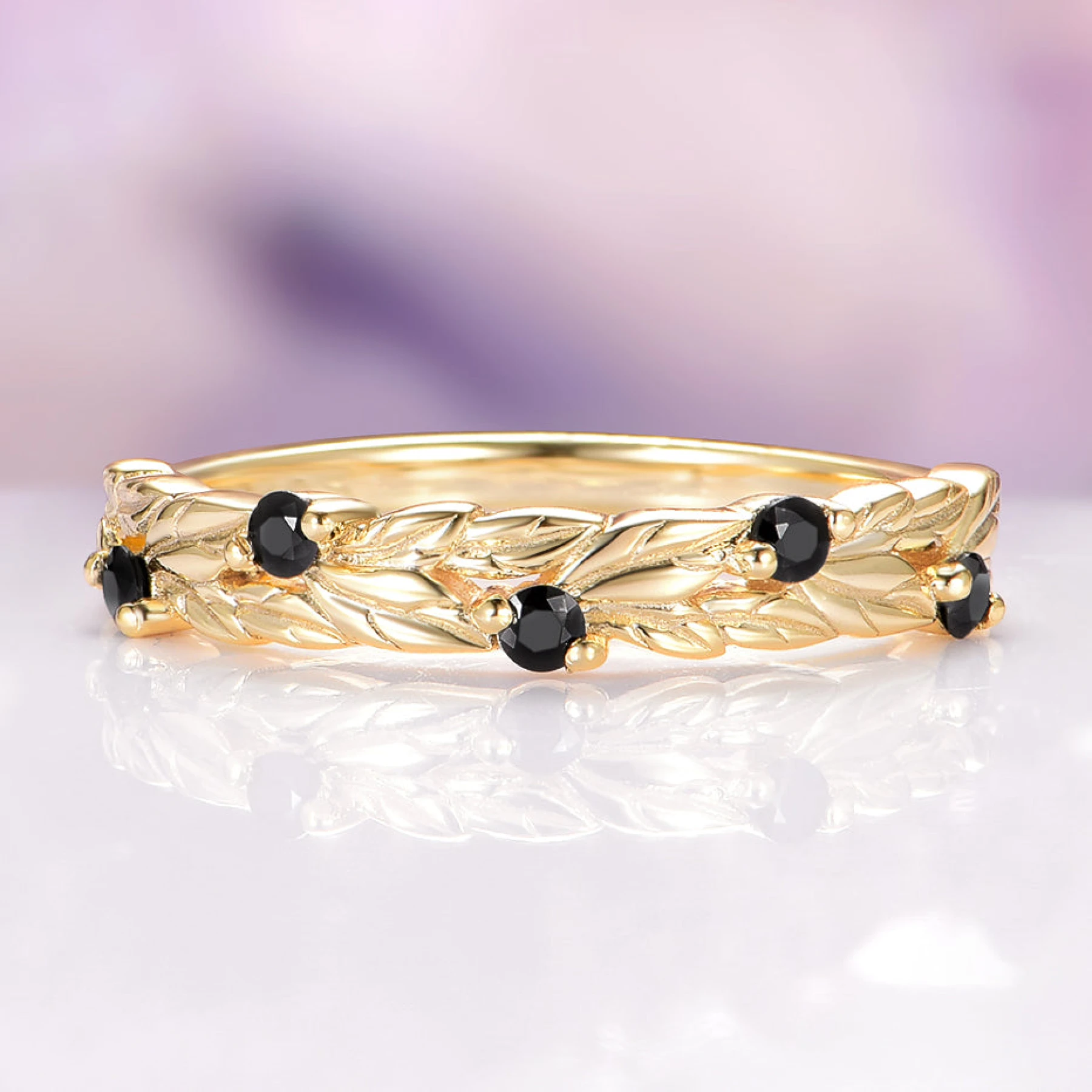 Black Moissanite Leaf Band in 14K Yellow Gold - view 1