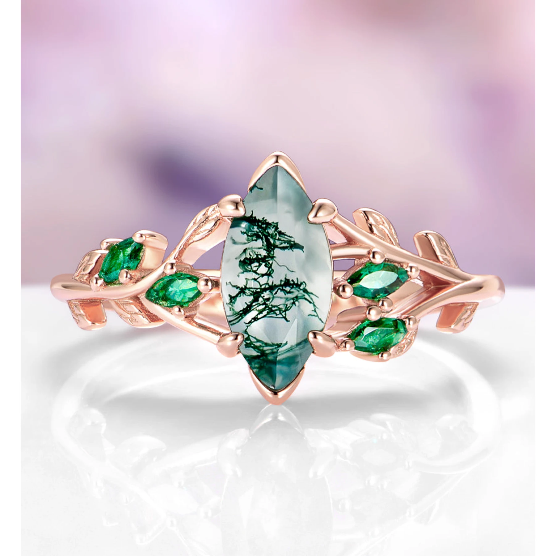 Rowan Marquise Moss Agate Leaf Engagement Ring in 14K Rose Gold Vermeil - view 1