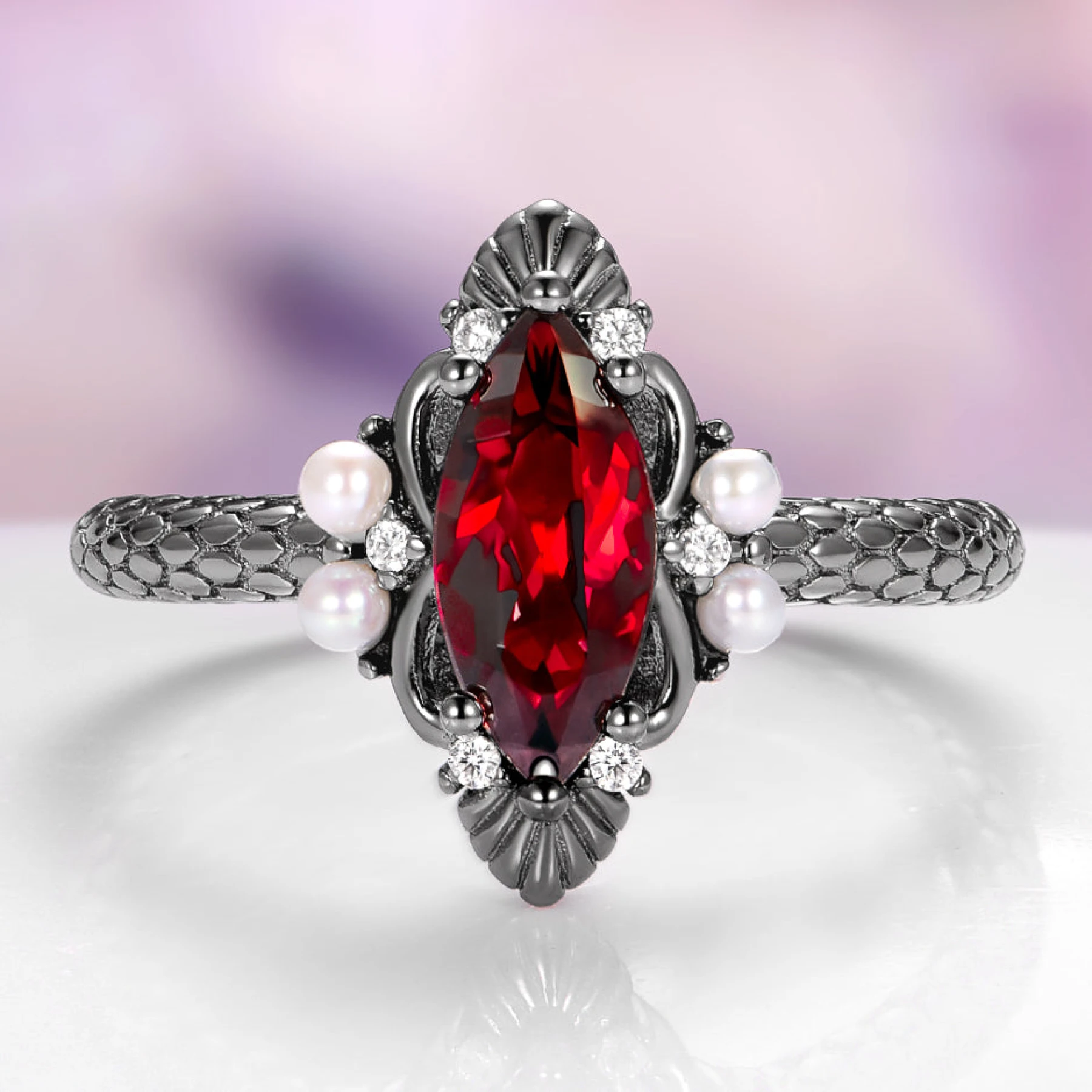 Arwen Marquise Cut Red Garnet & Pearl Ring in Black Ruthenium - view 1