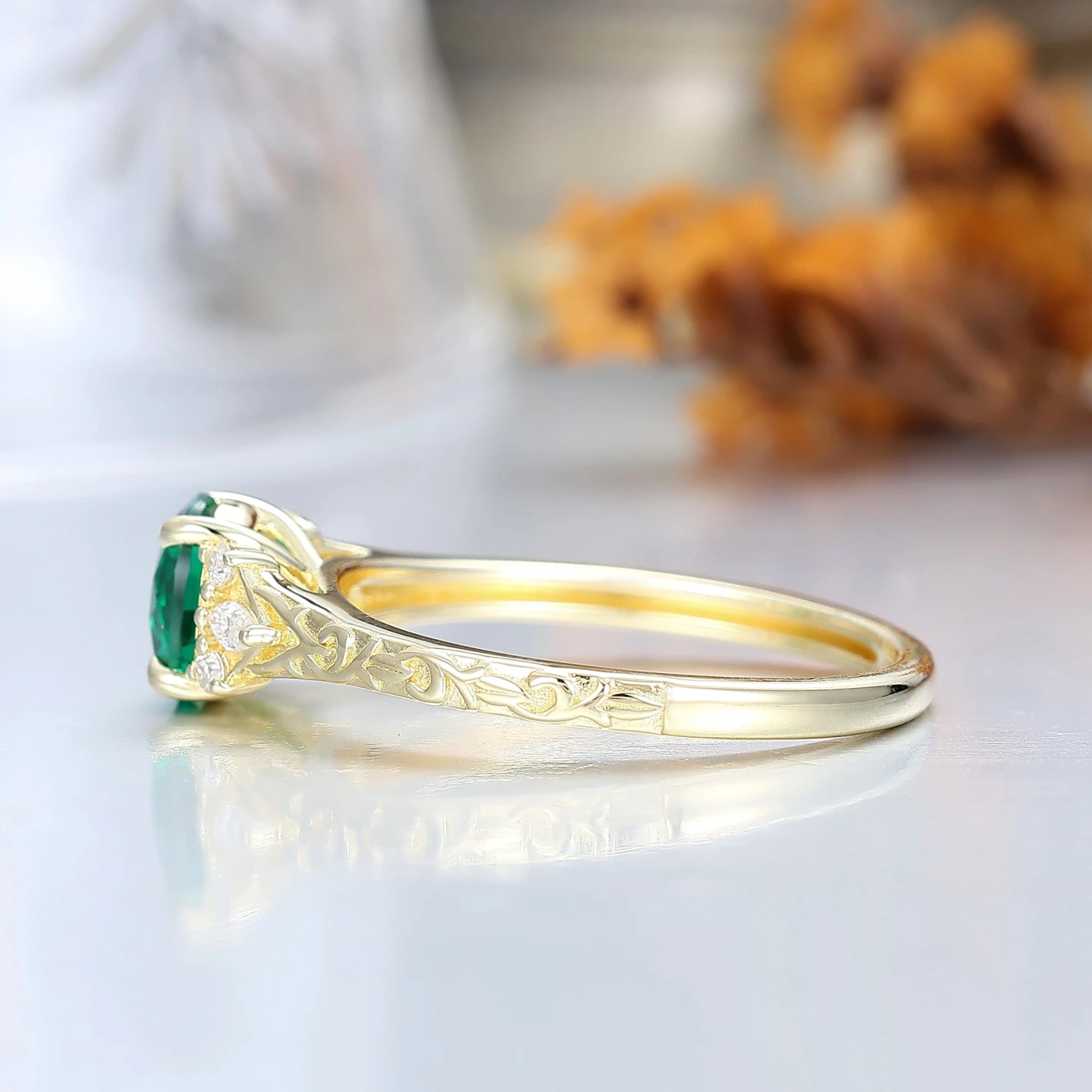 Vintage Style Round Cut Emerald Engagement Ring Filigree Wedding Ring For Her - view 5