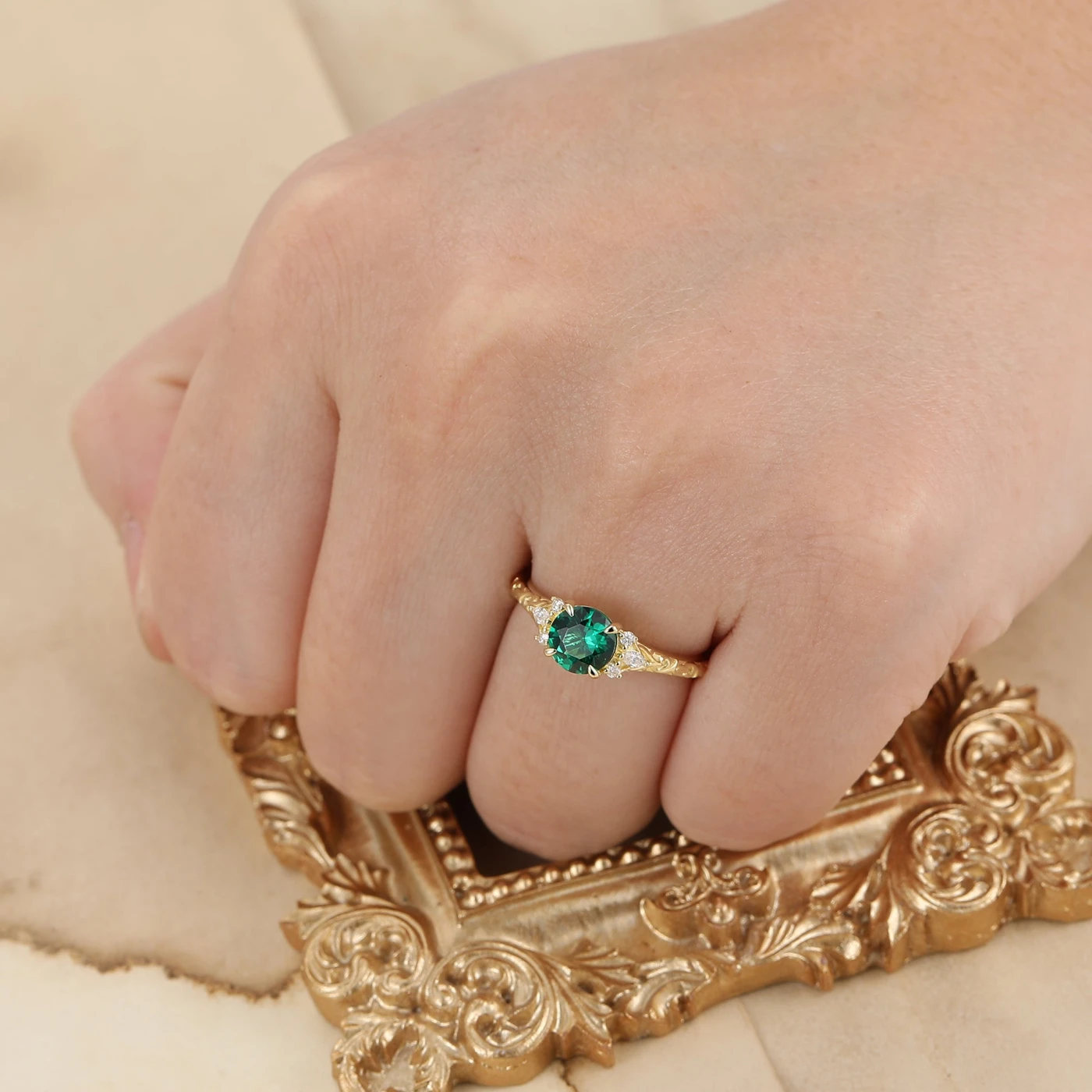 Vintage Style Round Cut Emerald Engagement Ring Filigree Wedding Ring For Her - view 6