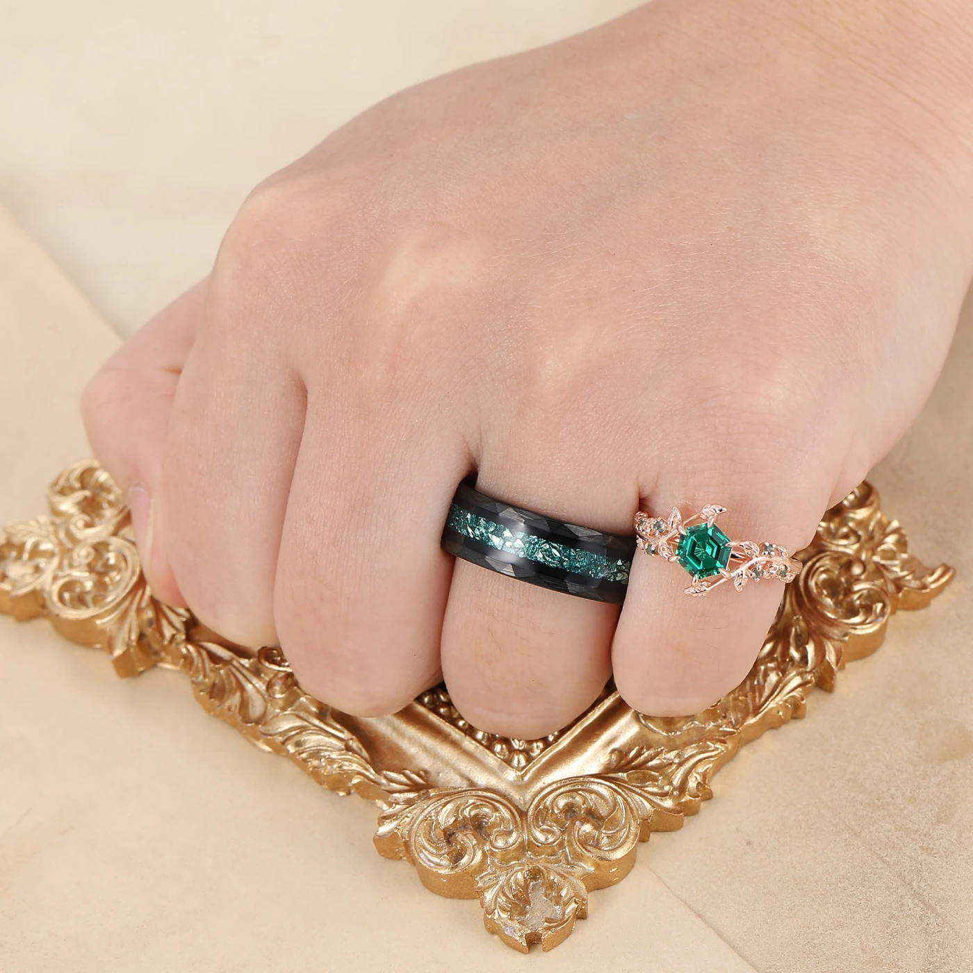 Leaf Inspired Hexagon Cut Emerald Couple Ring Unique Emerald Rings For Him And Her - view 5