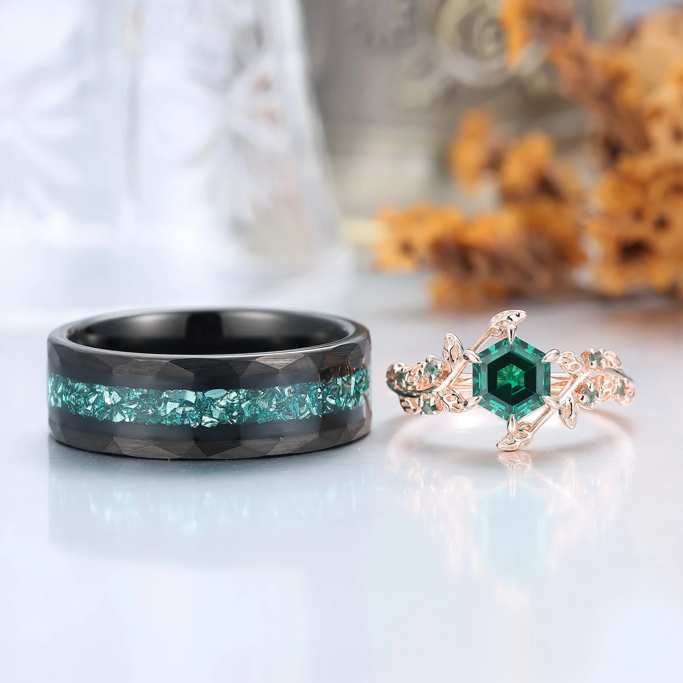 Leaf Inspired Hexagon Cut Couple Ring Unique Rings For Him And Her