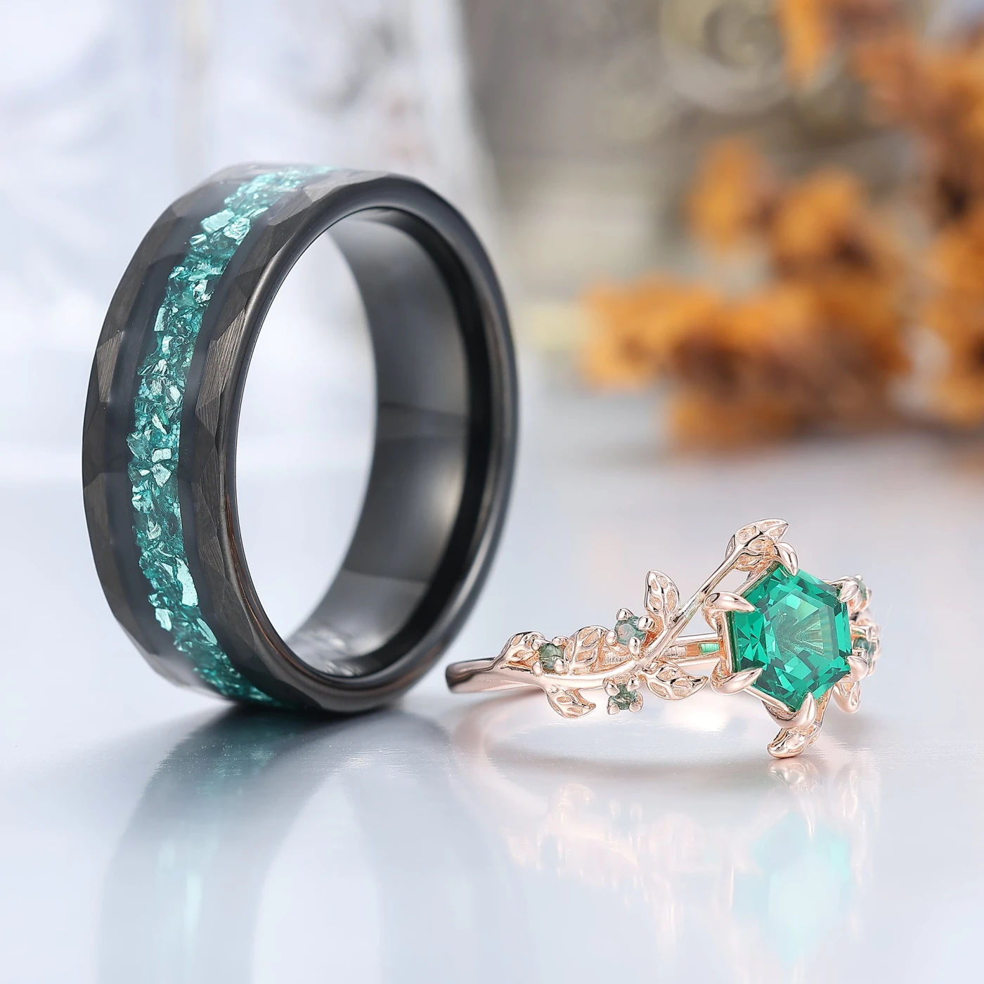 Leaf Inspired Hexagon Cut Emerald Couple Ring Unique Emerald Rings For Him And Her - view 4