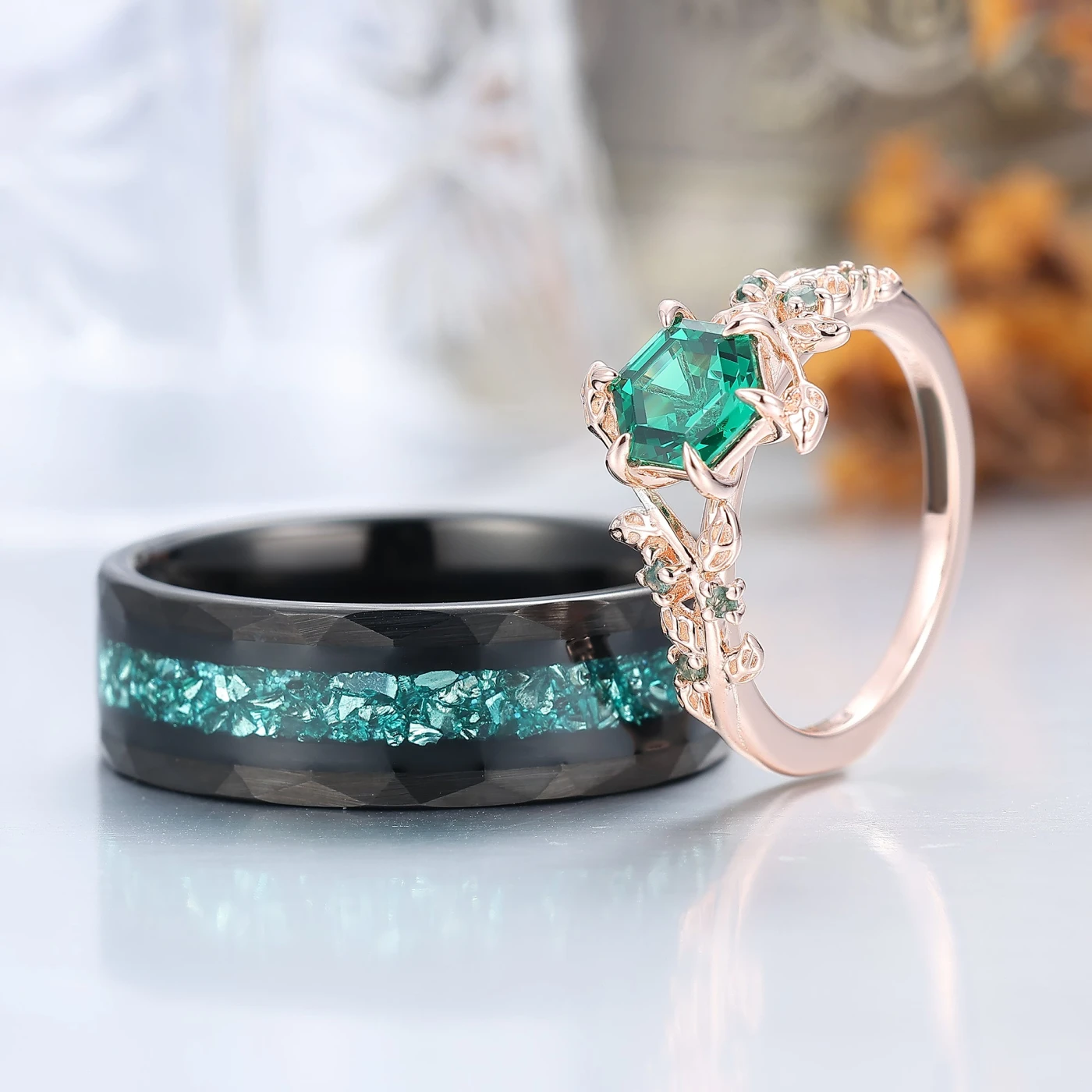 Leaf Inspired Hexagon Cut Emerald Couple Ring Unique Emerald Rings For Him And Her - view 3