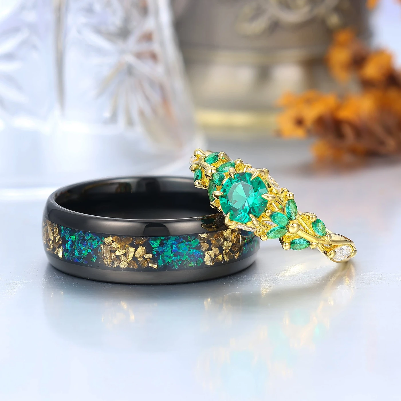 0.8CT Round Emerald His And Hers Rings Citrine and Peacock Green Couple Rings