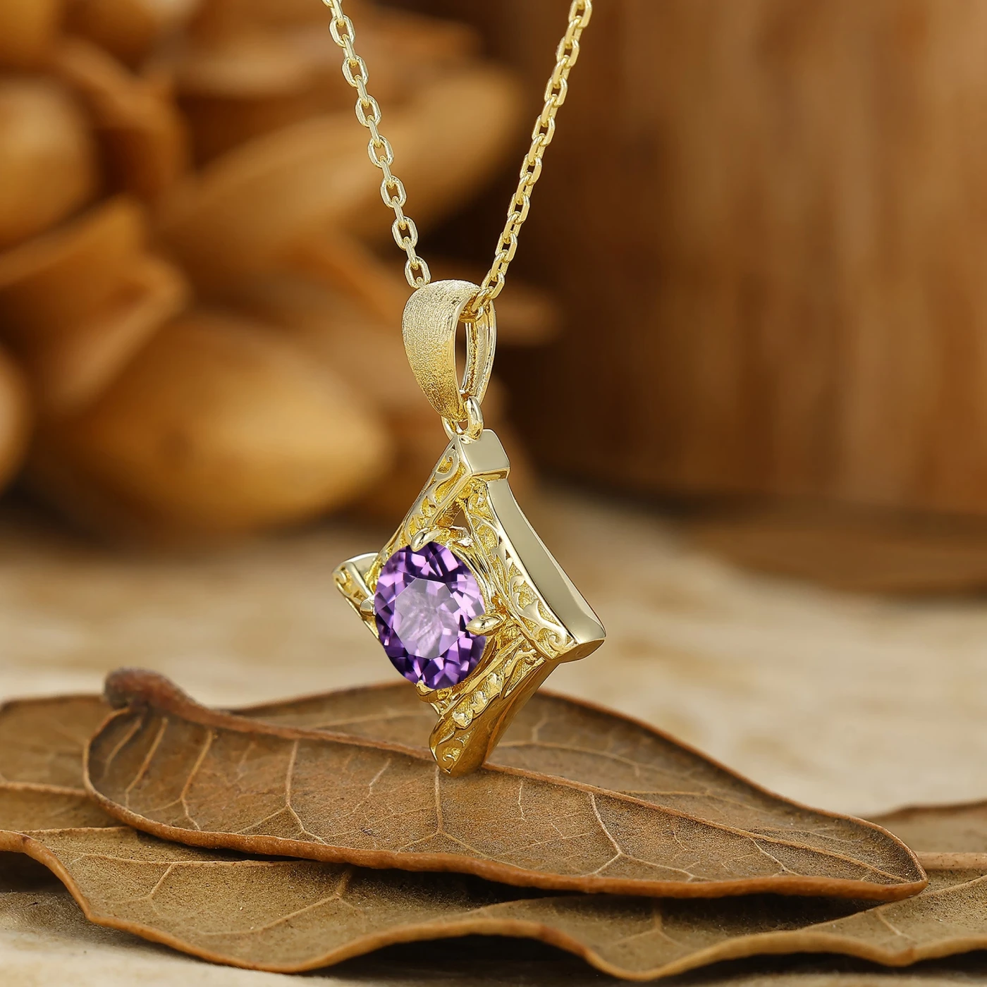 Vintage Filigree Round Cut Engraved Amethyst Pendant 14K Gold Pendant Necklace For Her - view 2