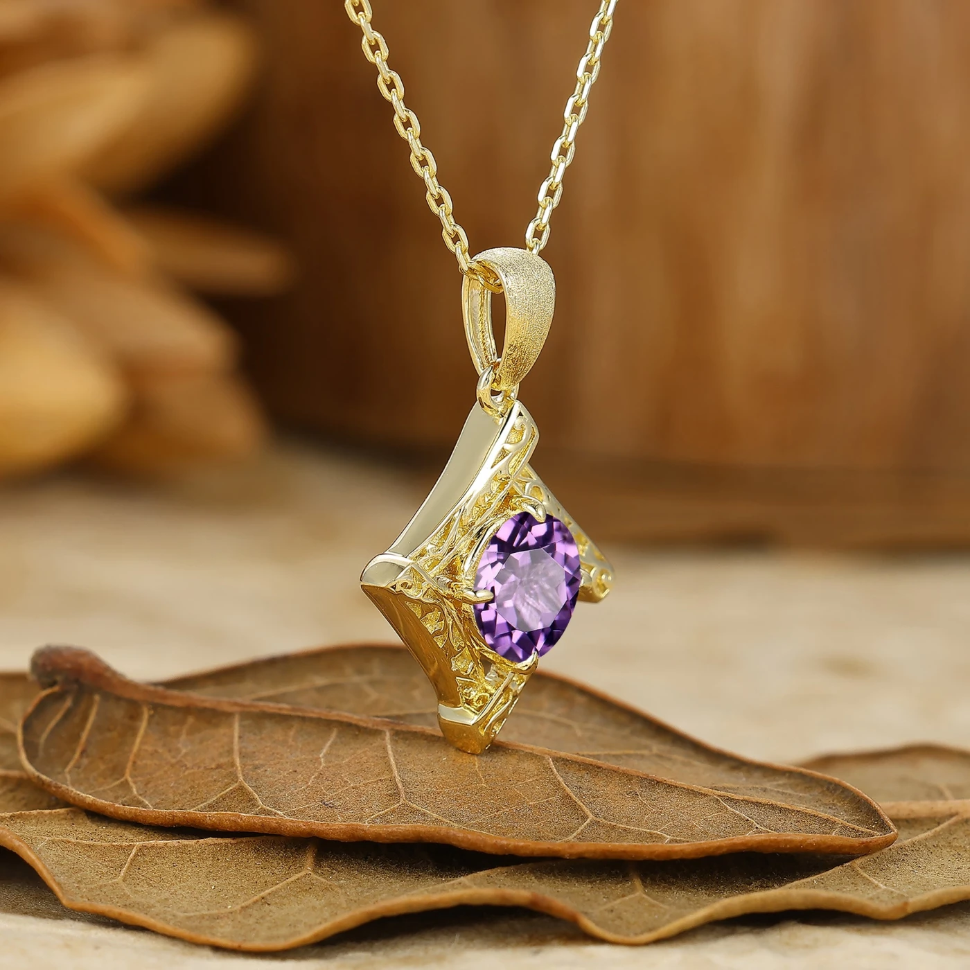 Vintage Filigree Round Cut Engraved Amethyst Pendant 14K Gold Pendant Necklace For Her - view 3