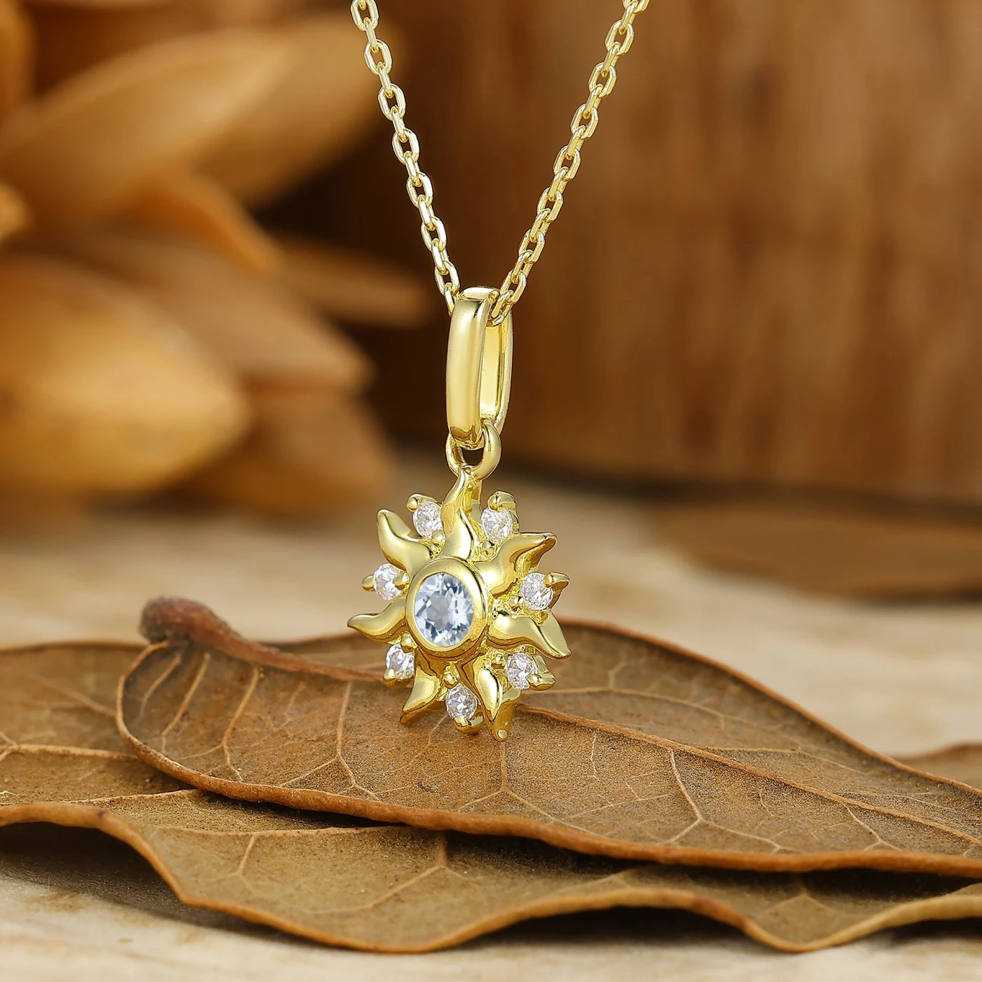 Vintage Sun Design Aquamarine Pendant S925 Anniversary Bridal Necklace - view 2