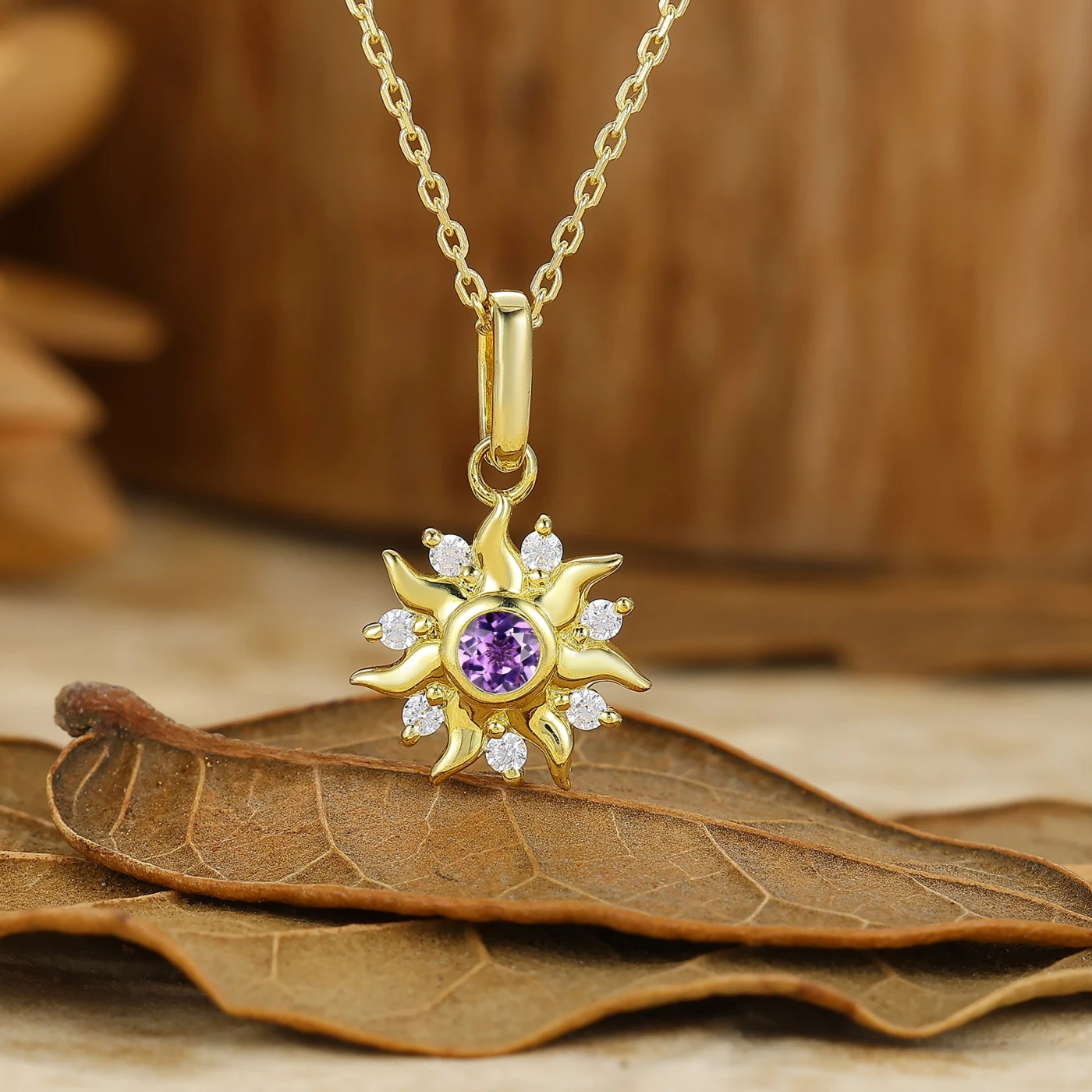 Sunburst Round Natural Amethyst Pendant Handmade Bridal Necklace For Her - view 1