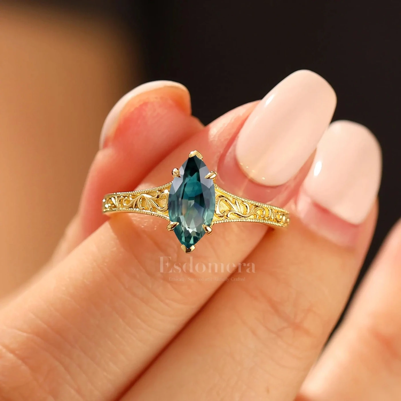 Antique Solitaire Teal Sapphire Engagement Ring Filigree Marquise Blue Green Sapphire Wedding Ring - view 2