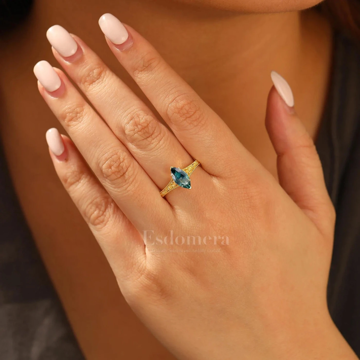 Antique Solitaire Teal Sapphire Engagement Ring Filigree Marquise Blue Green Sapphire Wedding Ring - view 7
