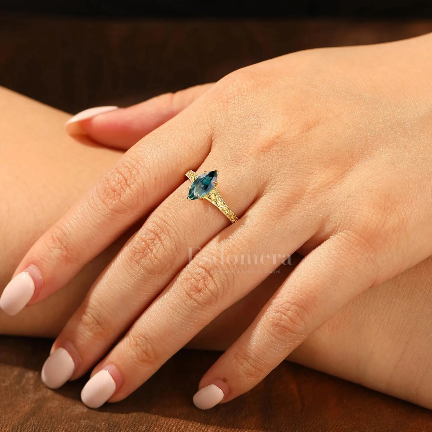 Antique Solitaire Teal Sapphire Engagement Ring Filigree Marquise Blue Green Sapphire Wedding Ring - view 6