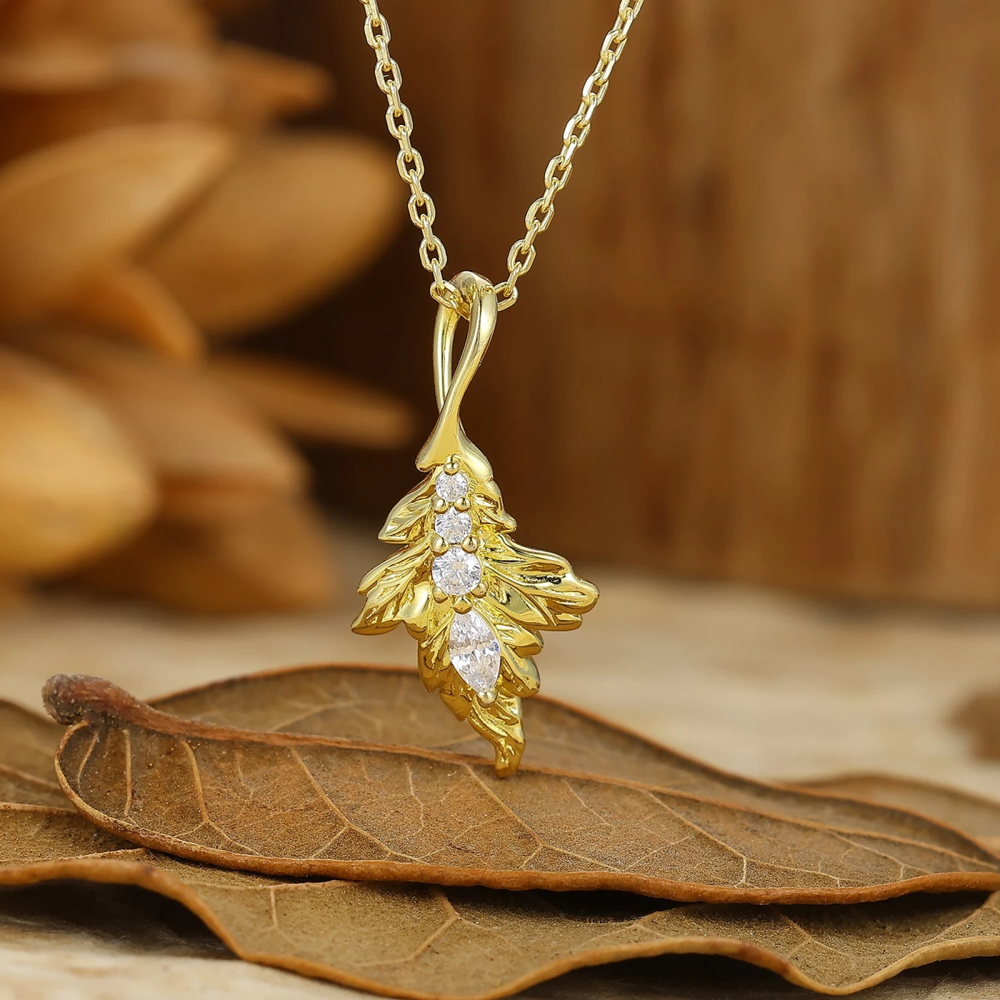 Natural Inspired Moissanite Pendant Leaf Design Necklace Yellow Gold