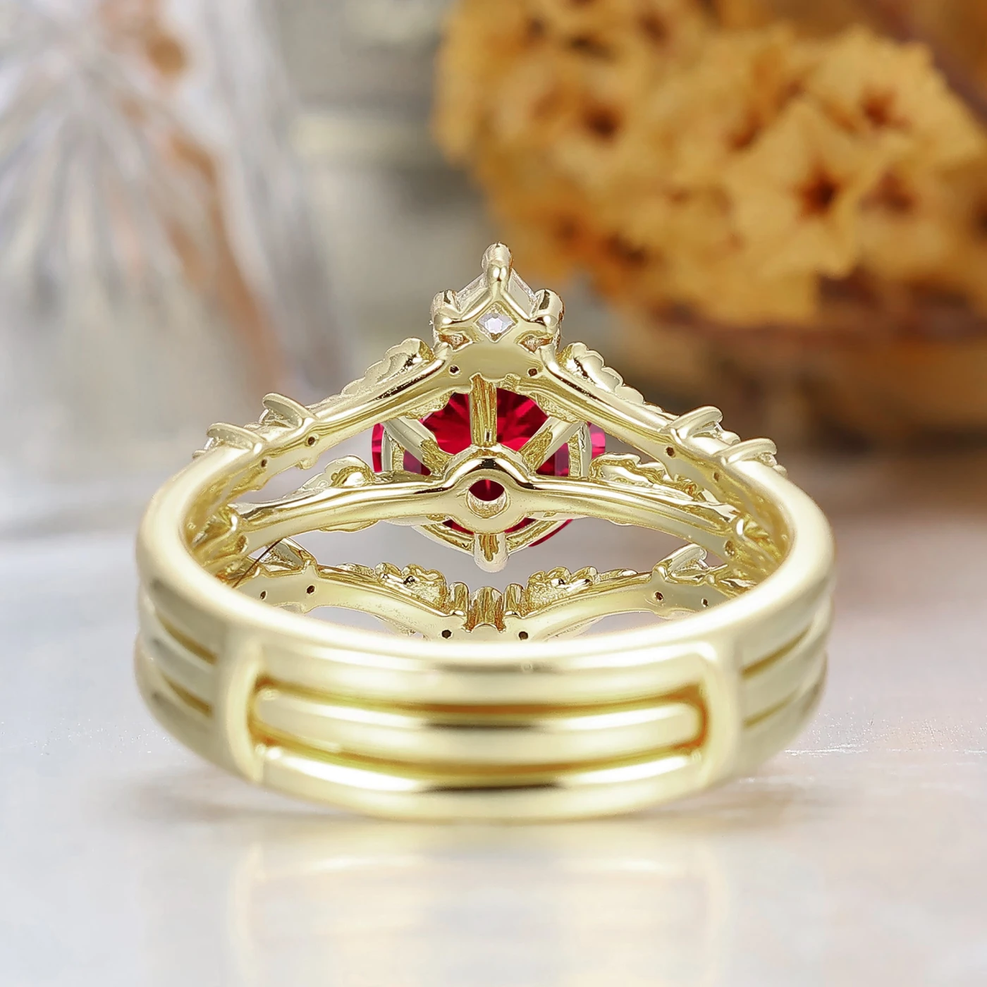 Dainty Leaf Design Ruby Bridal Anniversary Ring Set Antique Ring For Women - view 5