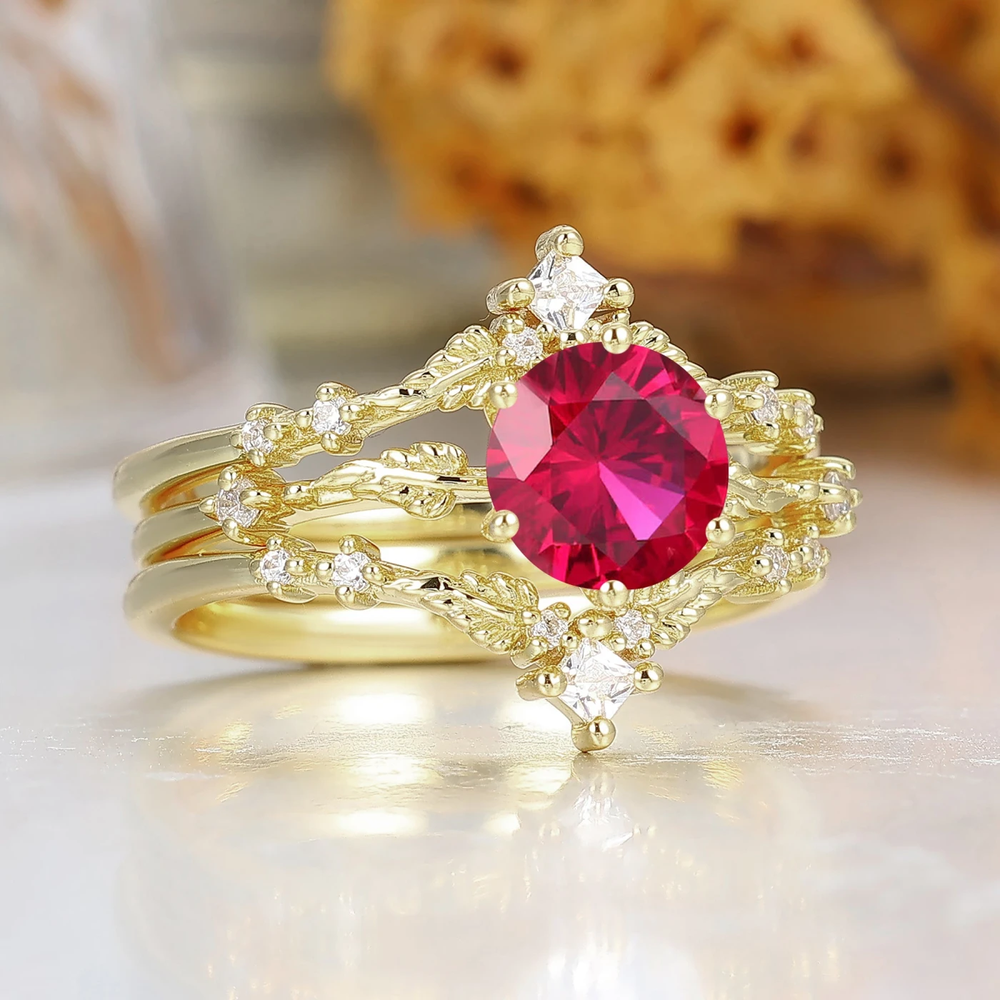 Dainty Leaf Design Ruby Bridal Anniversary Ring Set Antique Ring For Women - view 4