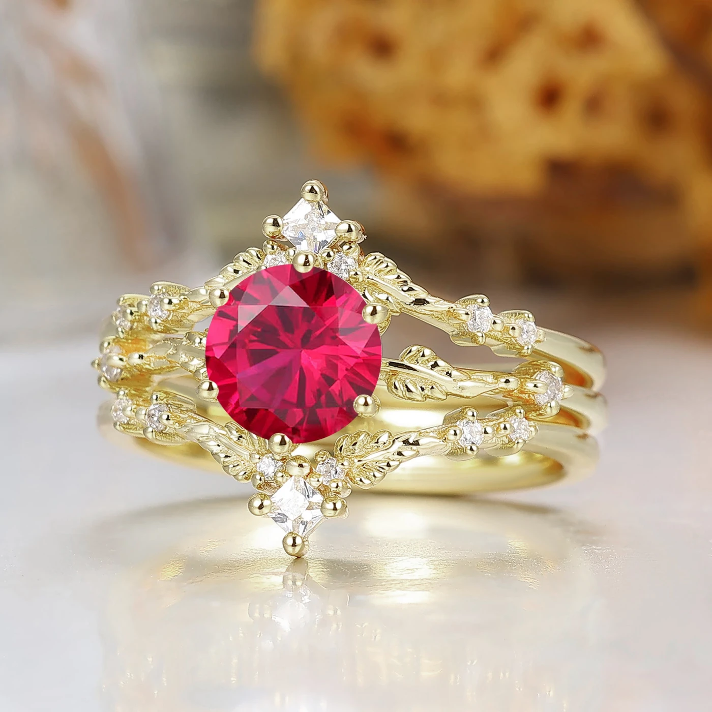 Dainty Leaf Design Ruby Bridal Anniversary Ring Set Antique Ring For Women - view 2