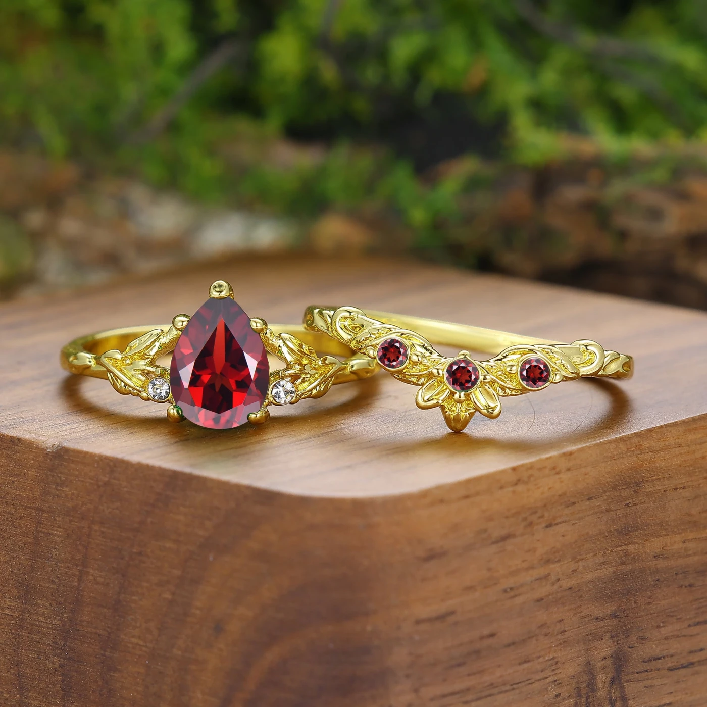 Unique Leaf Design Pear Cut Natural Red Garnet Couple Rings Silver And Tungsten Matching Rings - view 3