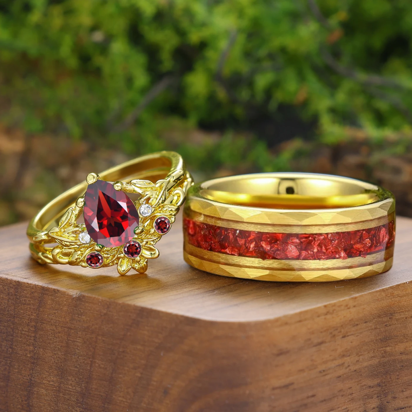 Unique Leaf Design Pear Cut Natural Red Garnet Couple Rings Silver And Tungsten Matching Rings - view 2