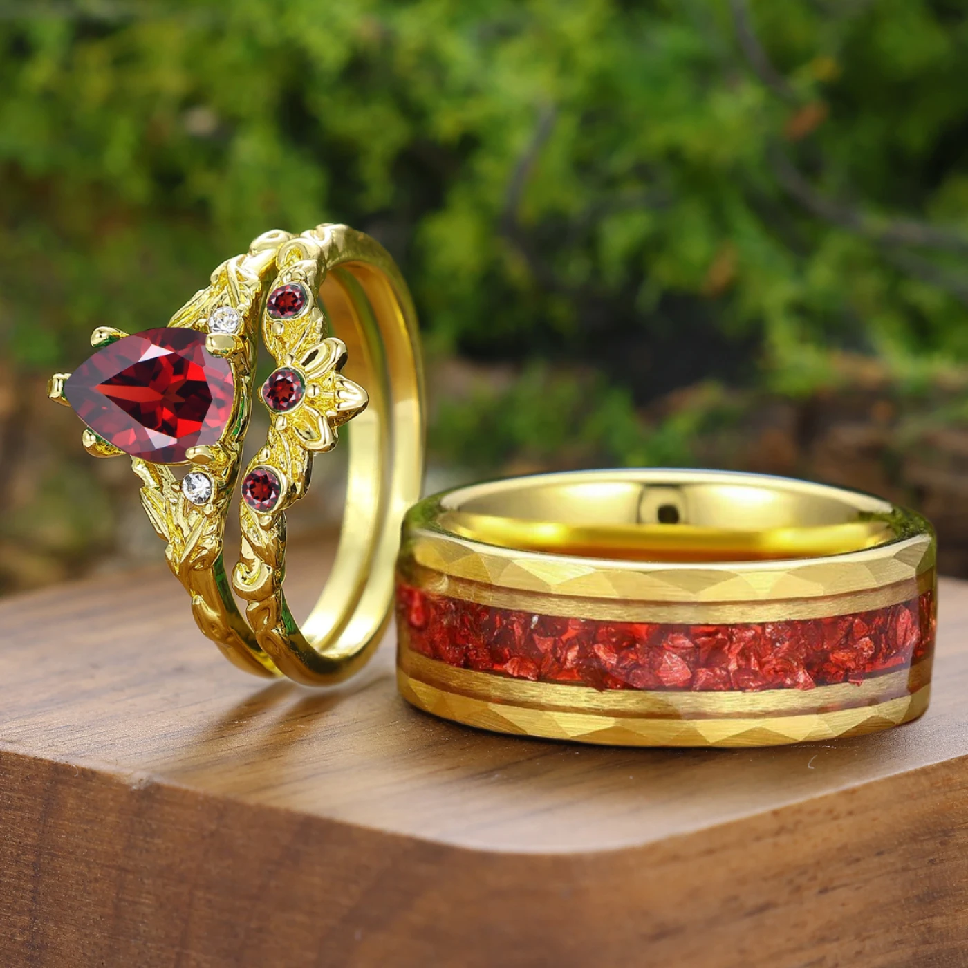 Unique Leaf Design Pear Cut Natural Red Garnet Couple Rings Silver And Tungsten Matching Rings - view 4