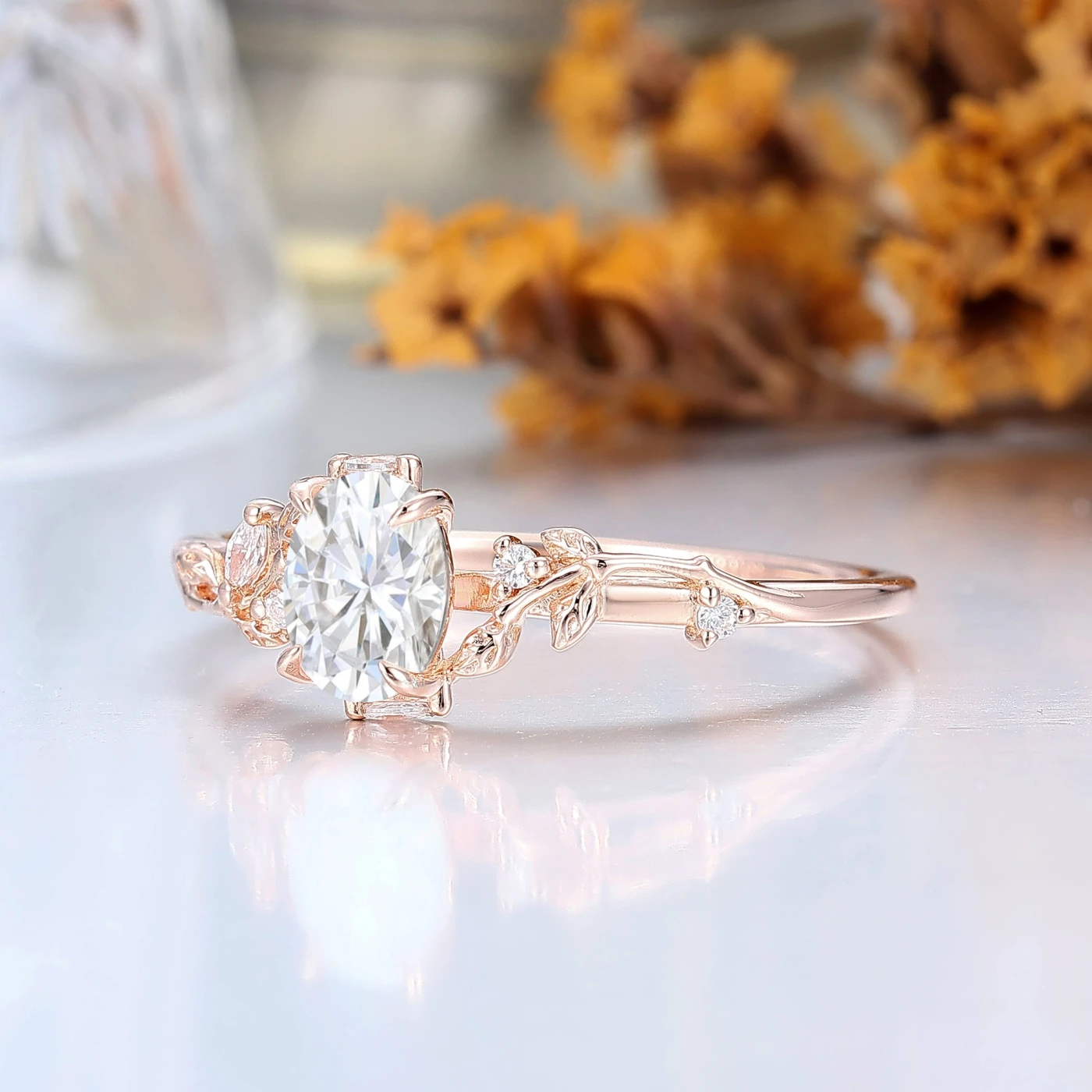 Artsy Oval Cut 1.5CT Moissanite Engagement Ring Leaf Style Bridal Anniversary Ring - view 3