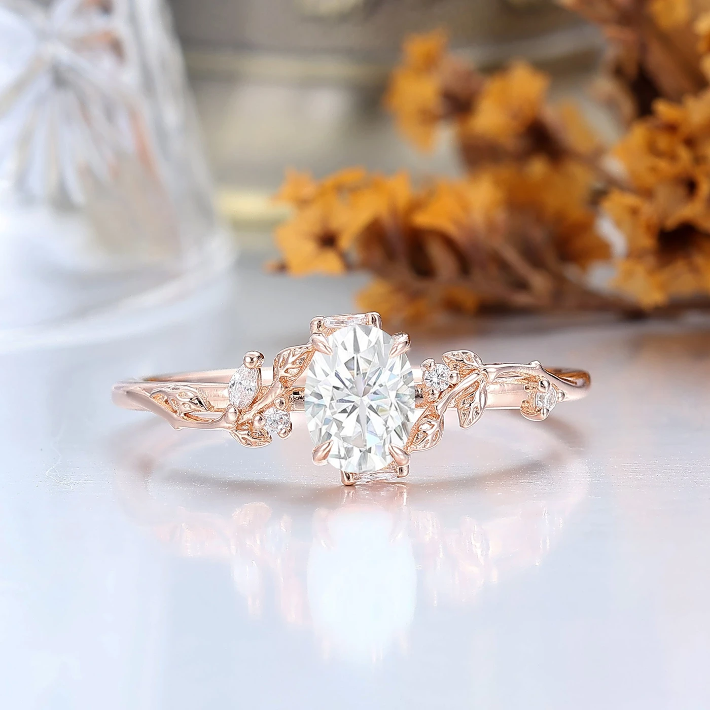 Artsy Oval Cut 1.5CT Engagement Ring Leaf Style Bridal Anniversary Ring