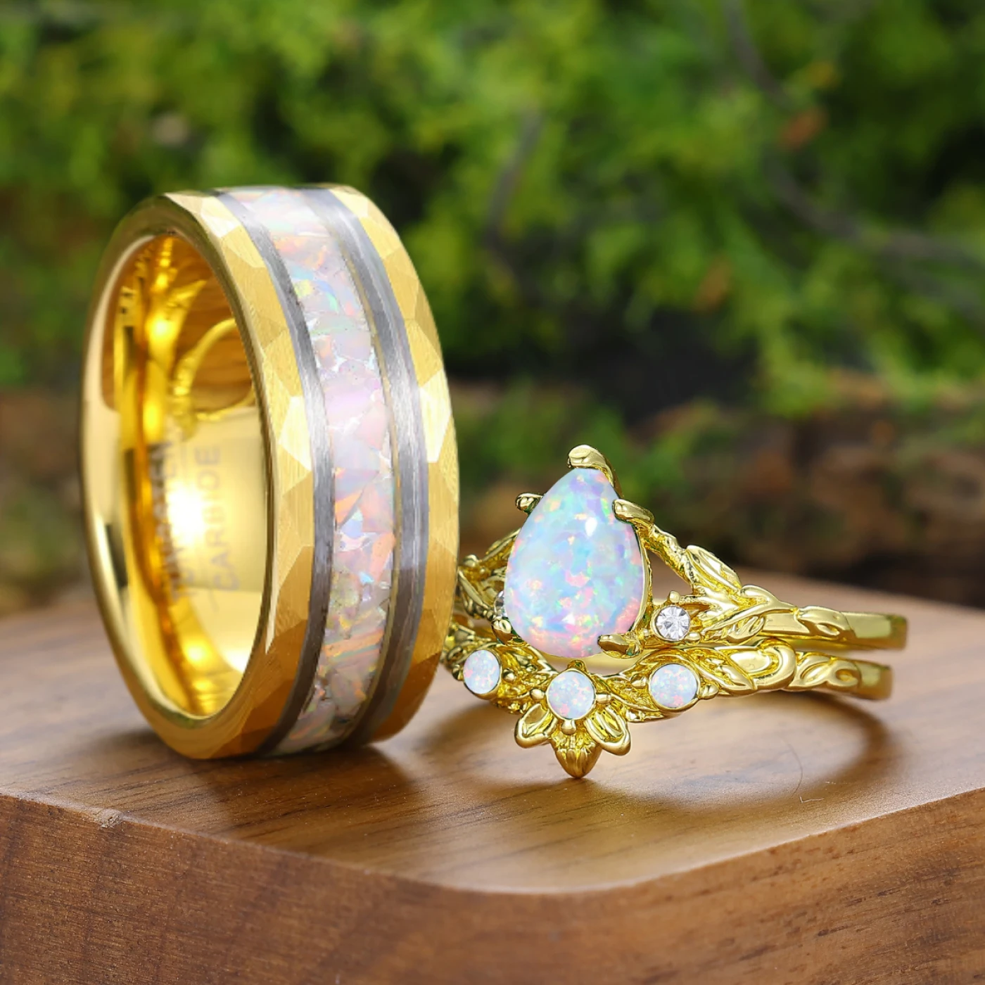Leaf Branch Style Pink White Opal Couple Rings Yellow Gold Plated Rings For Him And Her - view 2