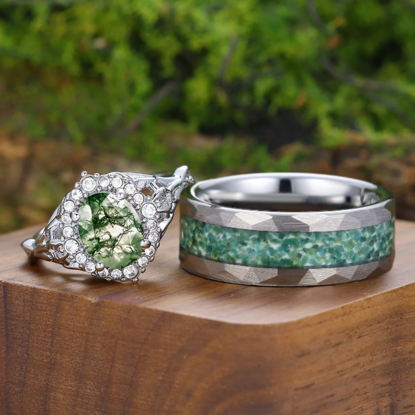 Personalized Oval Green Moss Agate Halo Floral Couple Rings