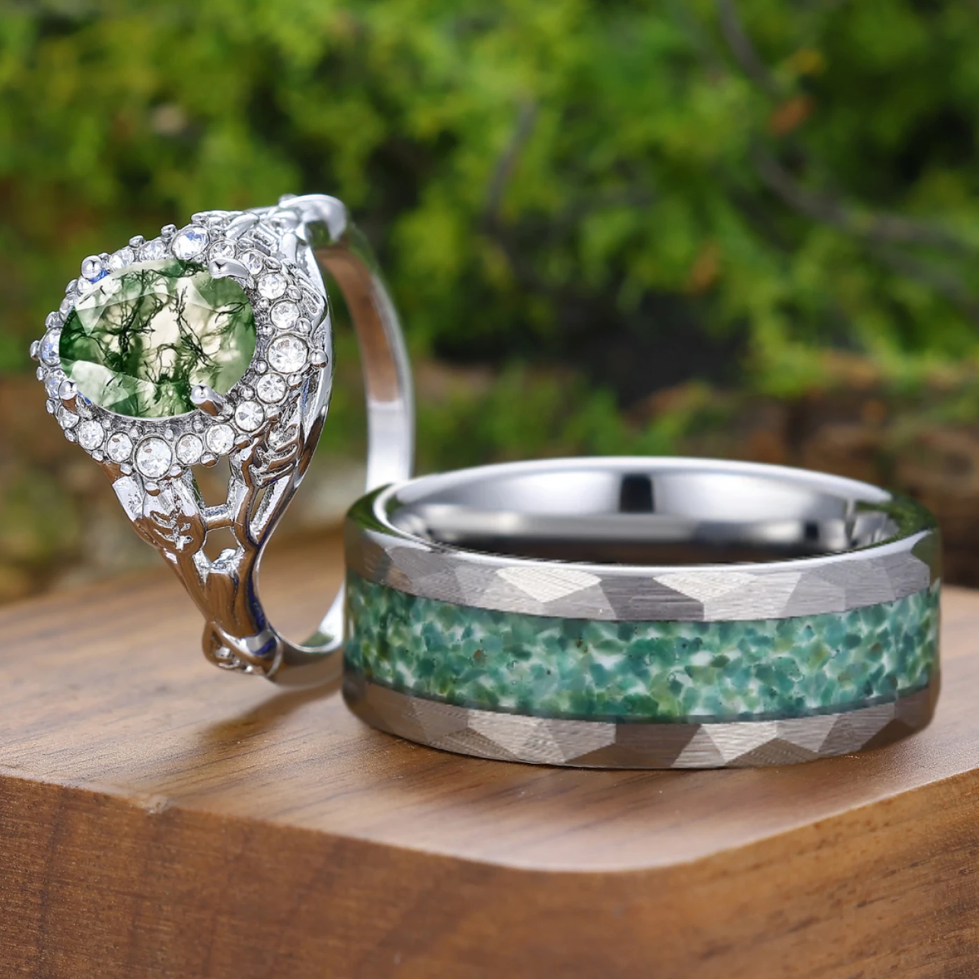 Personalized Oval Green Moss Agate Halo Floral Couple Rings Unique Marriage Ring Set - view 2