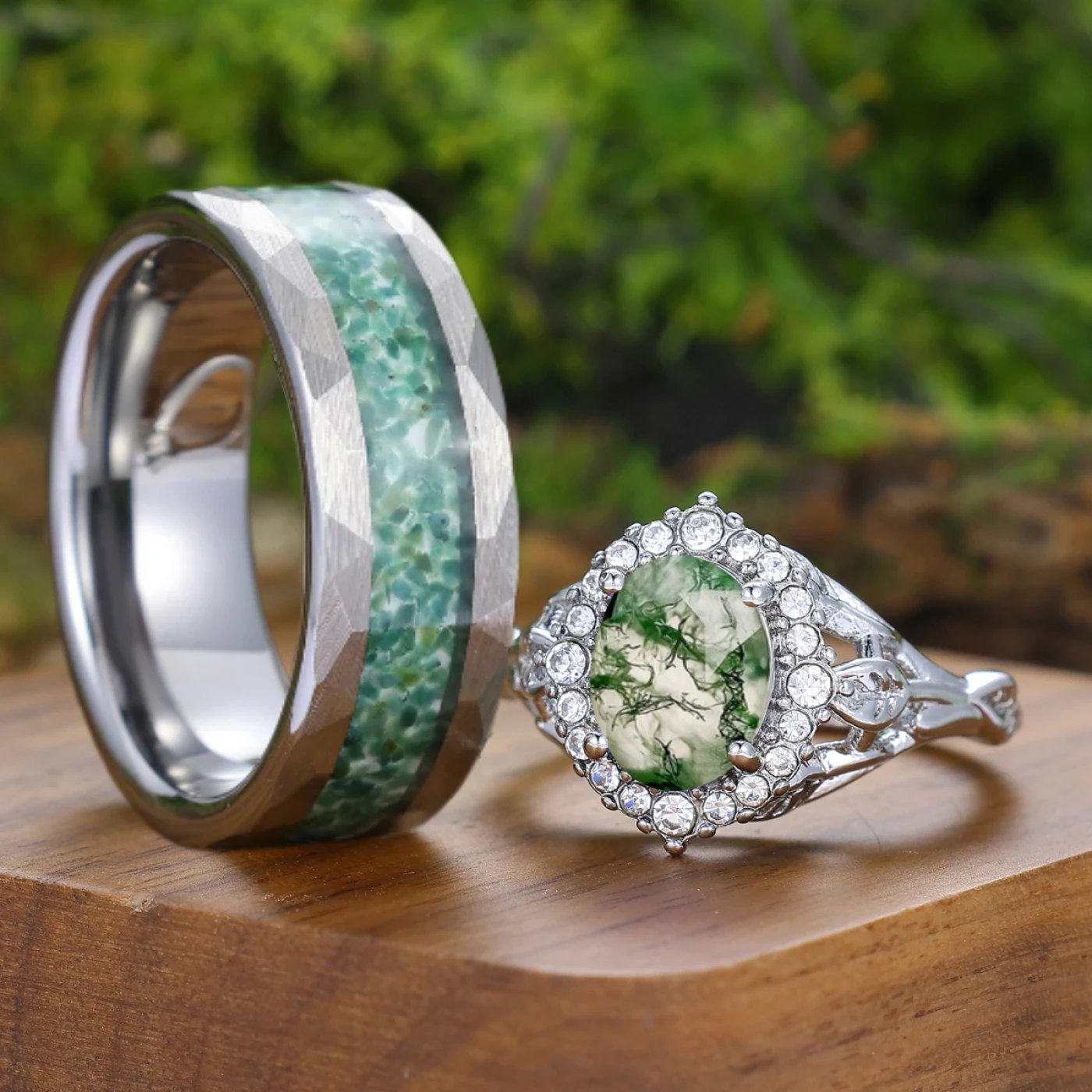 Personalized Oval Green Moss Agate Halo Floral Couple Rings Unique Marriage Ring Set - view 4