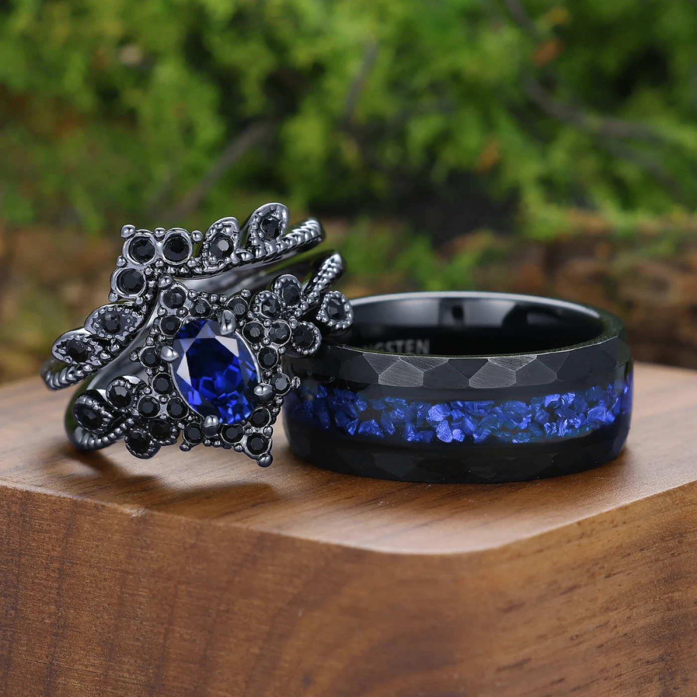Vintage Floral Style Oval Sapphire Couple Rings Milgrained Black