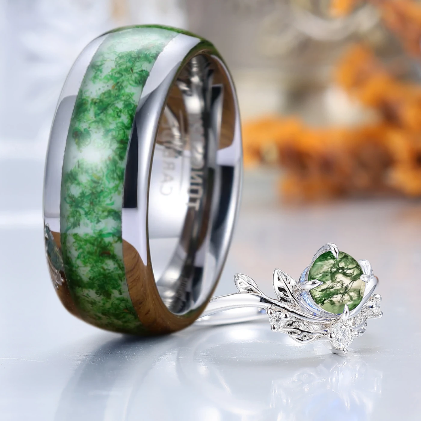 Brilliant Leaf Style Natural Moss Agate Couples Ring Set Sterling Silver And Tungsten Matching Ring - view 4
