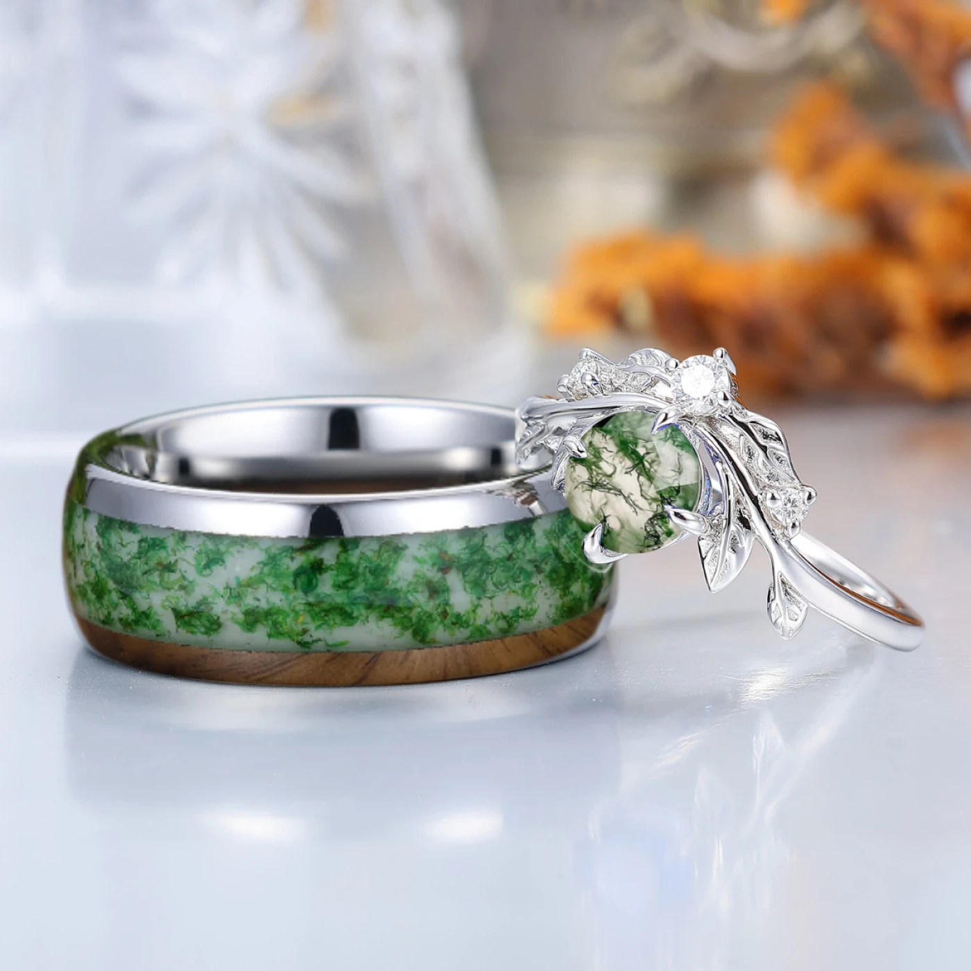 Brilliant Leaf Style Natural Moss Agate Couples Ring Set Sterling Silver And Tungsten Matching Ring - view 2