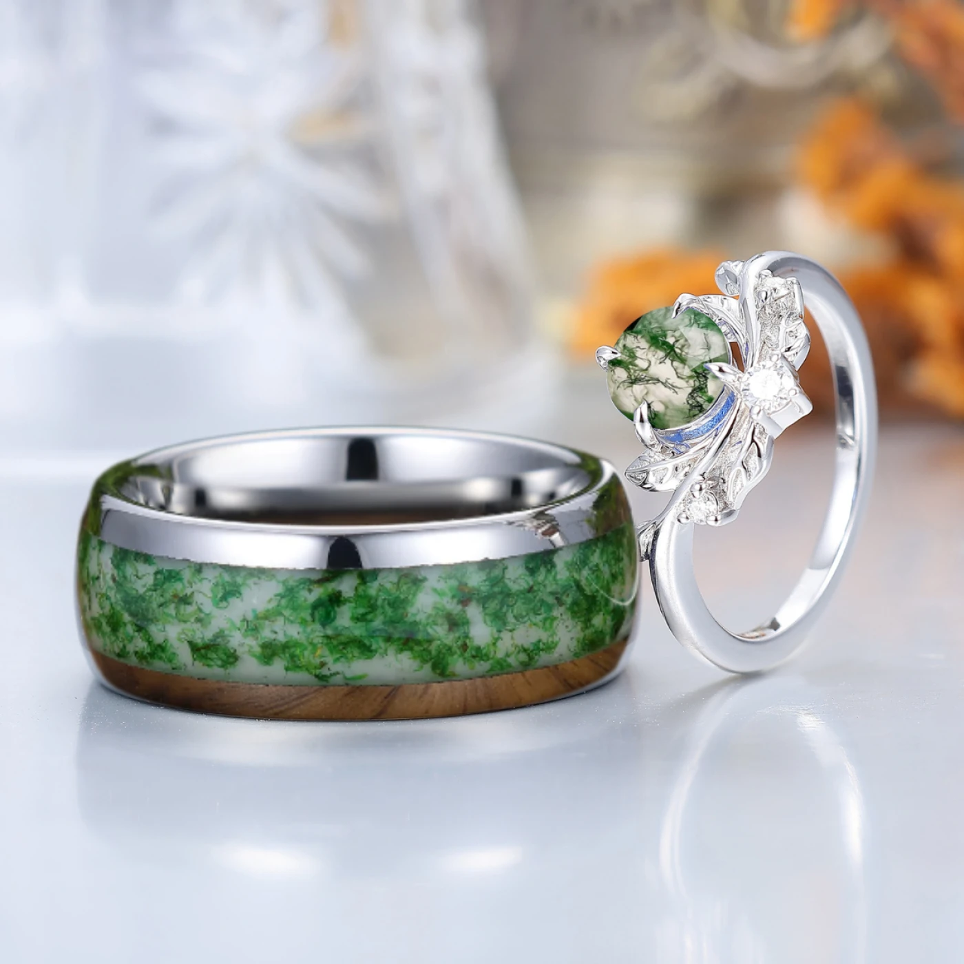 Brilliant Leaf Style Natural Moss Agate Couples Ring Set Sterling Silver And Tungsten Matching Ring - view 3