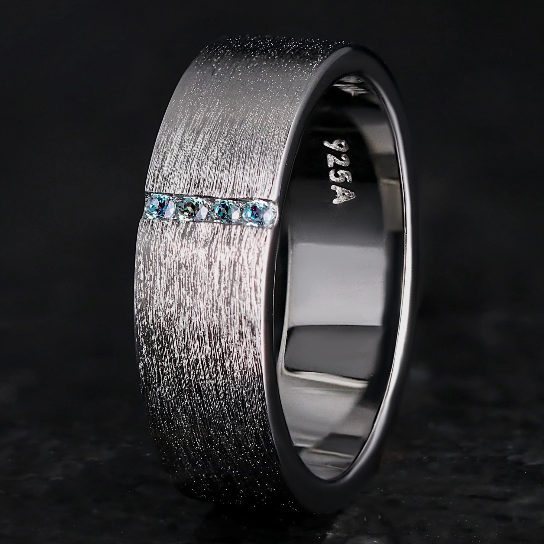 Mens Alexandrite Wedding Band in Sterling Silver | Black Ruthenium Gemstone Ring