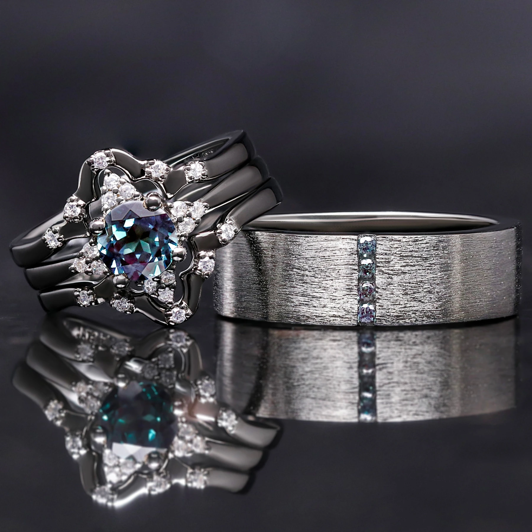 Veloura Couples Alexandrite Wedding Ring Set in Black Sterling Silver