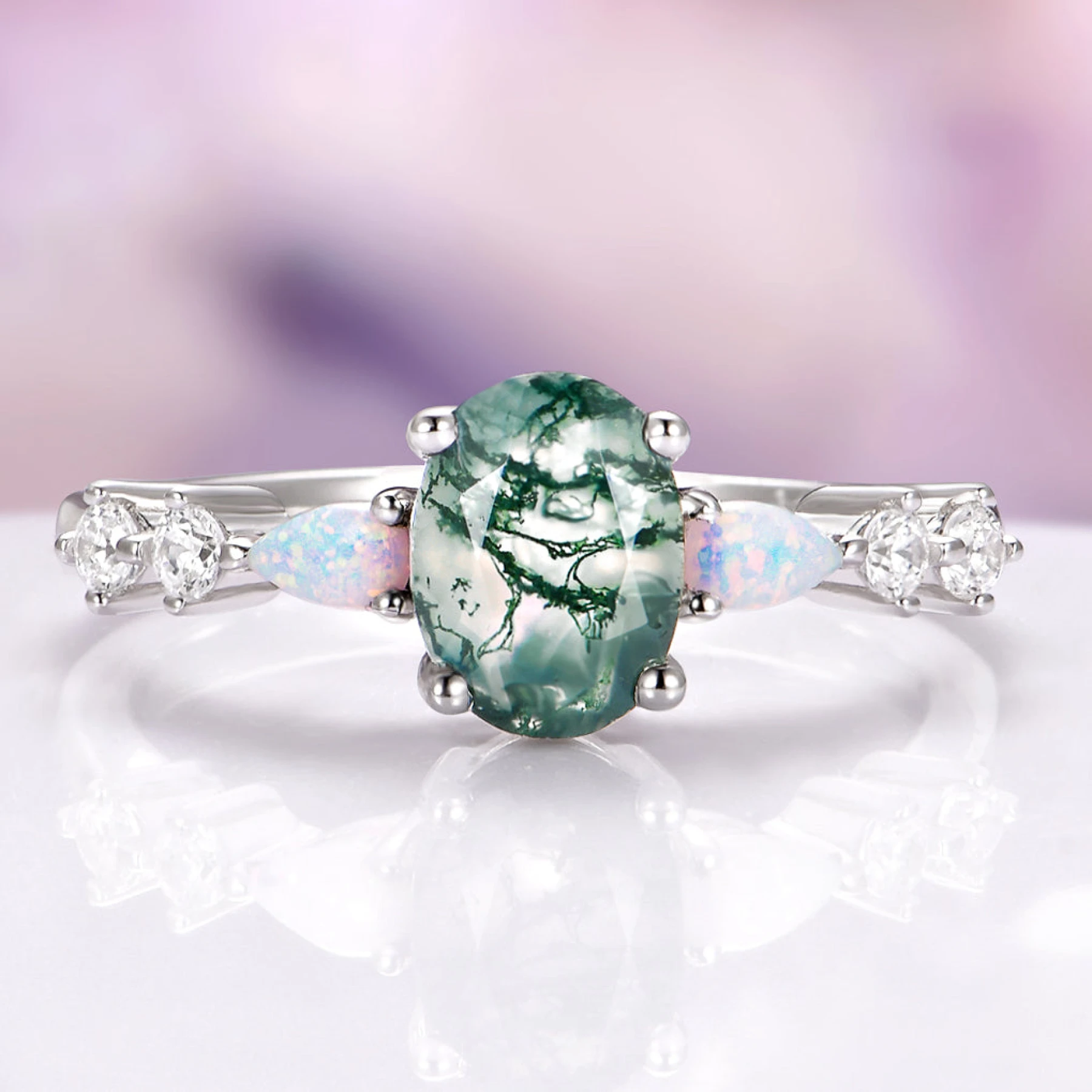 Oval Moss Agate Ring with Opal in Sterling Silver - view 1