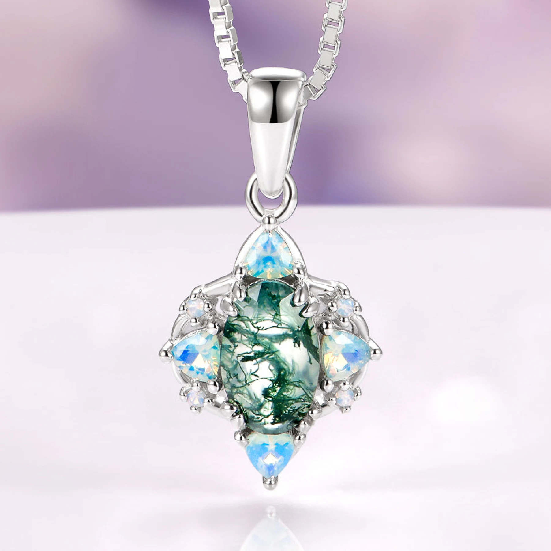 Esme Green Moss Agate & Opalescent Sapphire Necklace in Sterling Silver