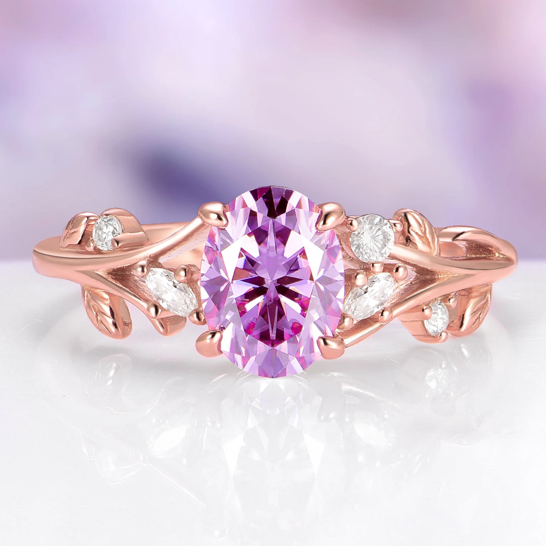 Lavender Moissanite Fairy Leaf Ring in 14K Rose Gold Vermeil - view 1
