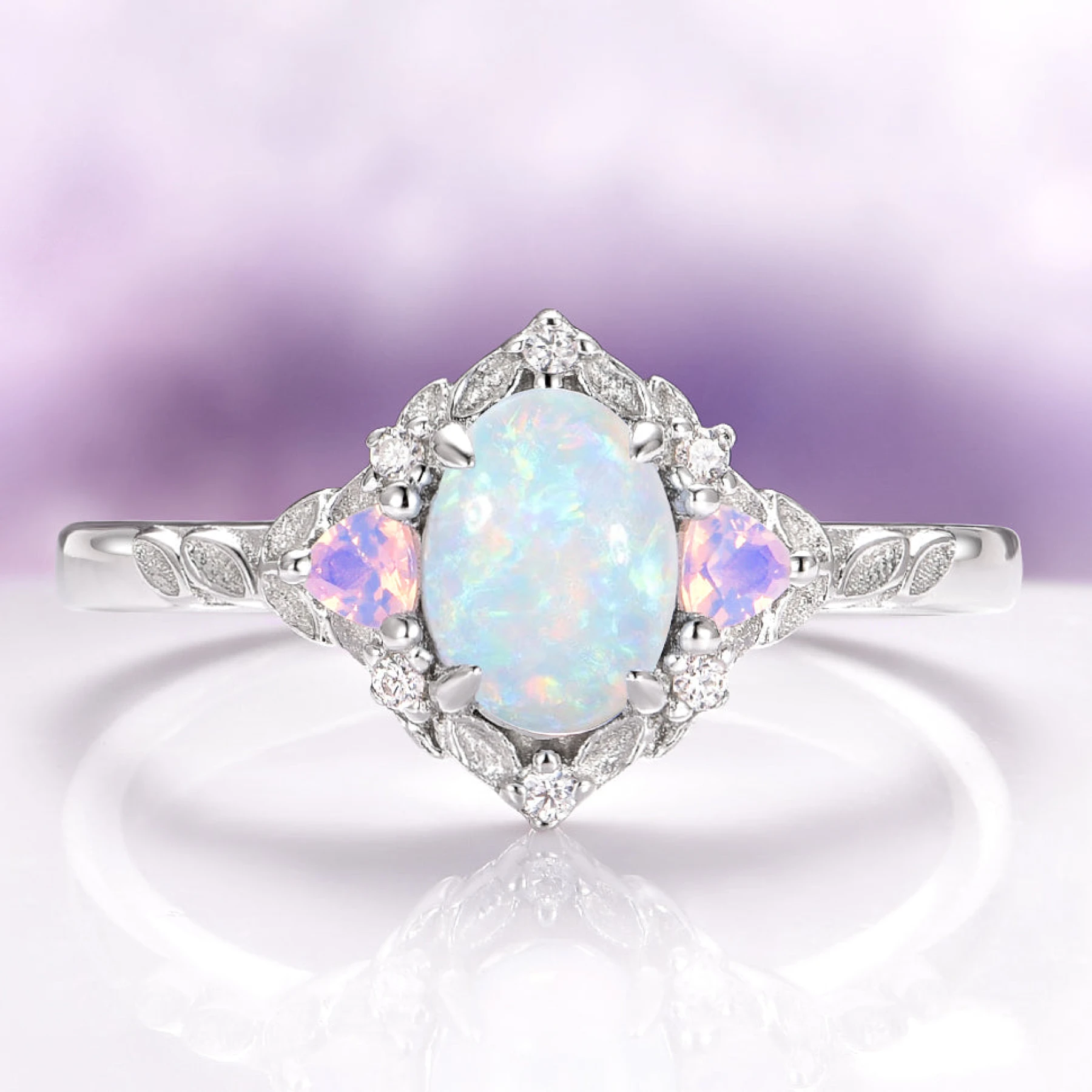 Australian Opal Leaf Engagement Ring in 14K White Gold - view 1