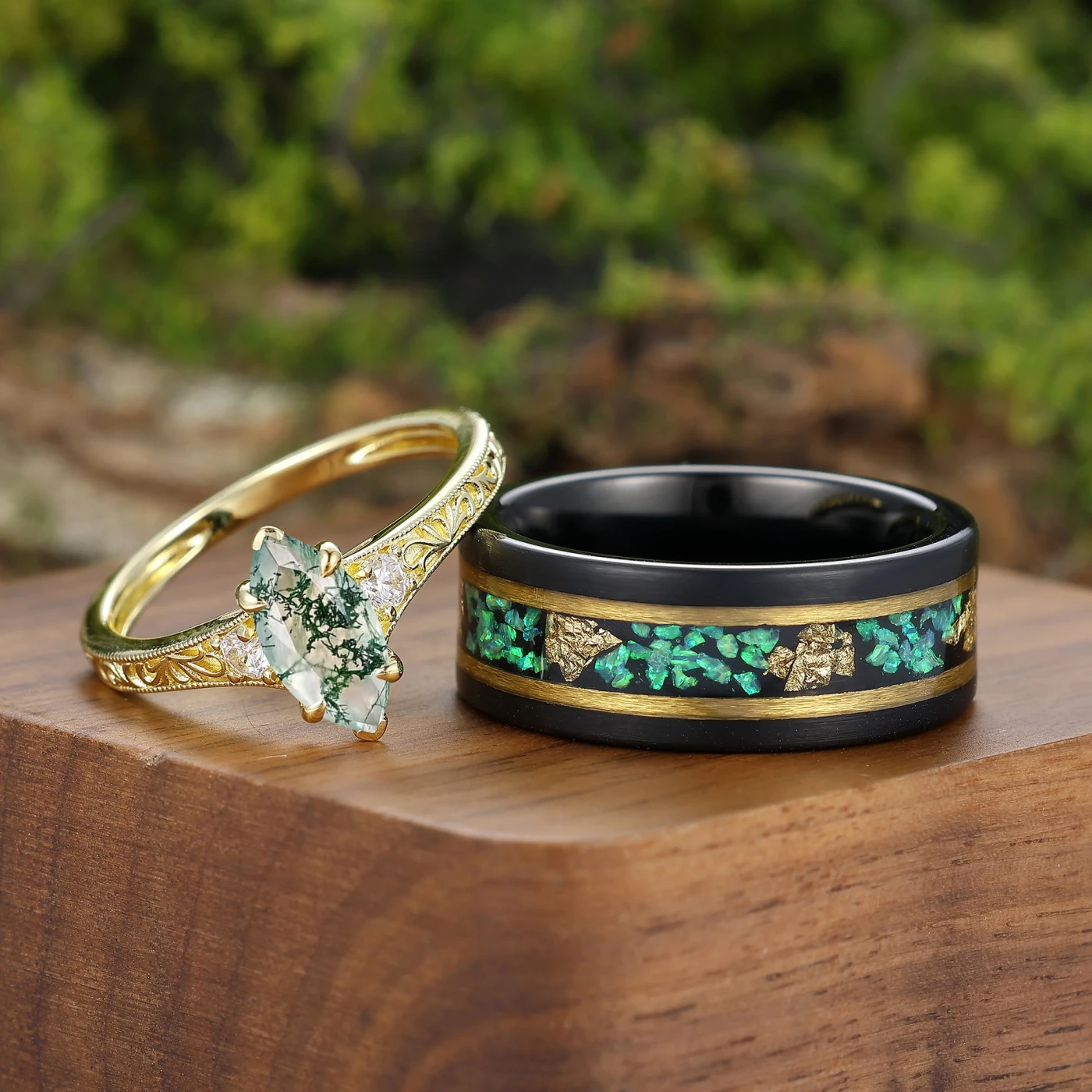 Vintage Marquise Moss Agate Couple Rings Milgrained Engraved