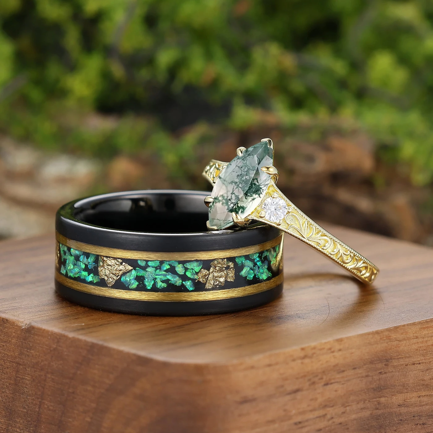 Vintage Marquise Moss Agate Couple Rings Milgrained Engraved Floral His And Hers Rings - view 4