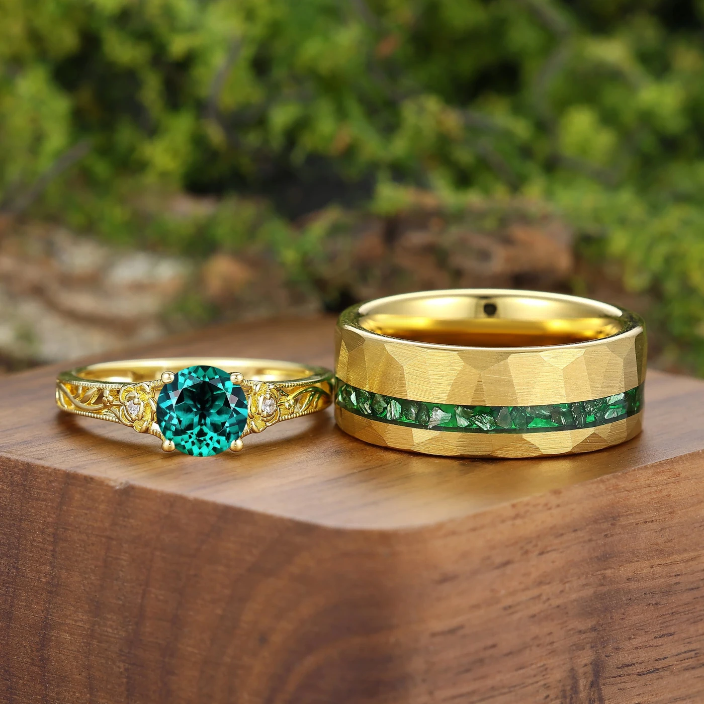 Openwork Foral Design Emerald Couple Rings Milgrained Engraved