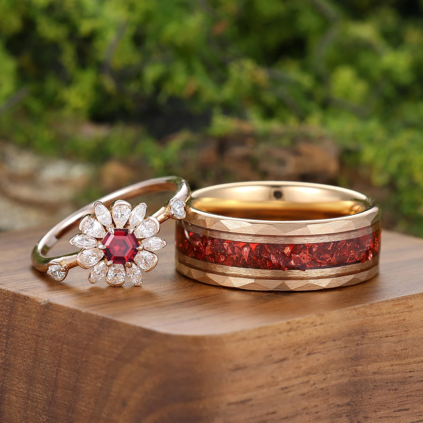 Floral Bloom Design Natural Red Garnet Couple Rings Rose Gold