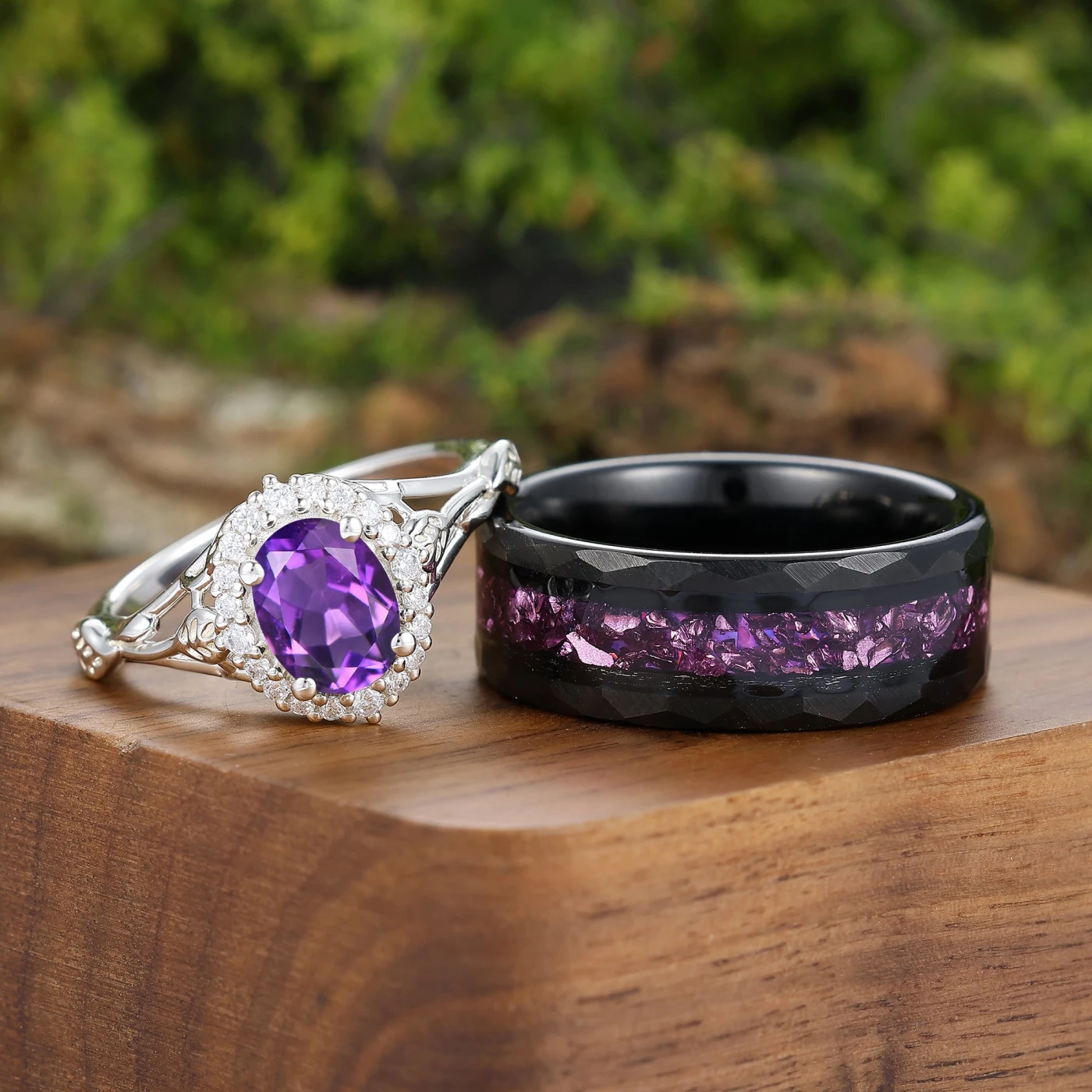 Unique Halo Oval Cut Natural Amethyst Couple Rings S925 And